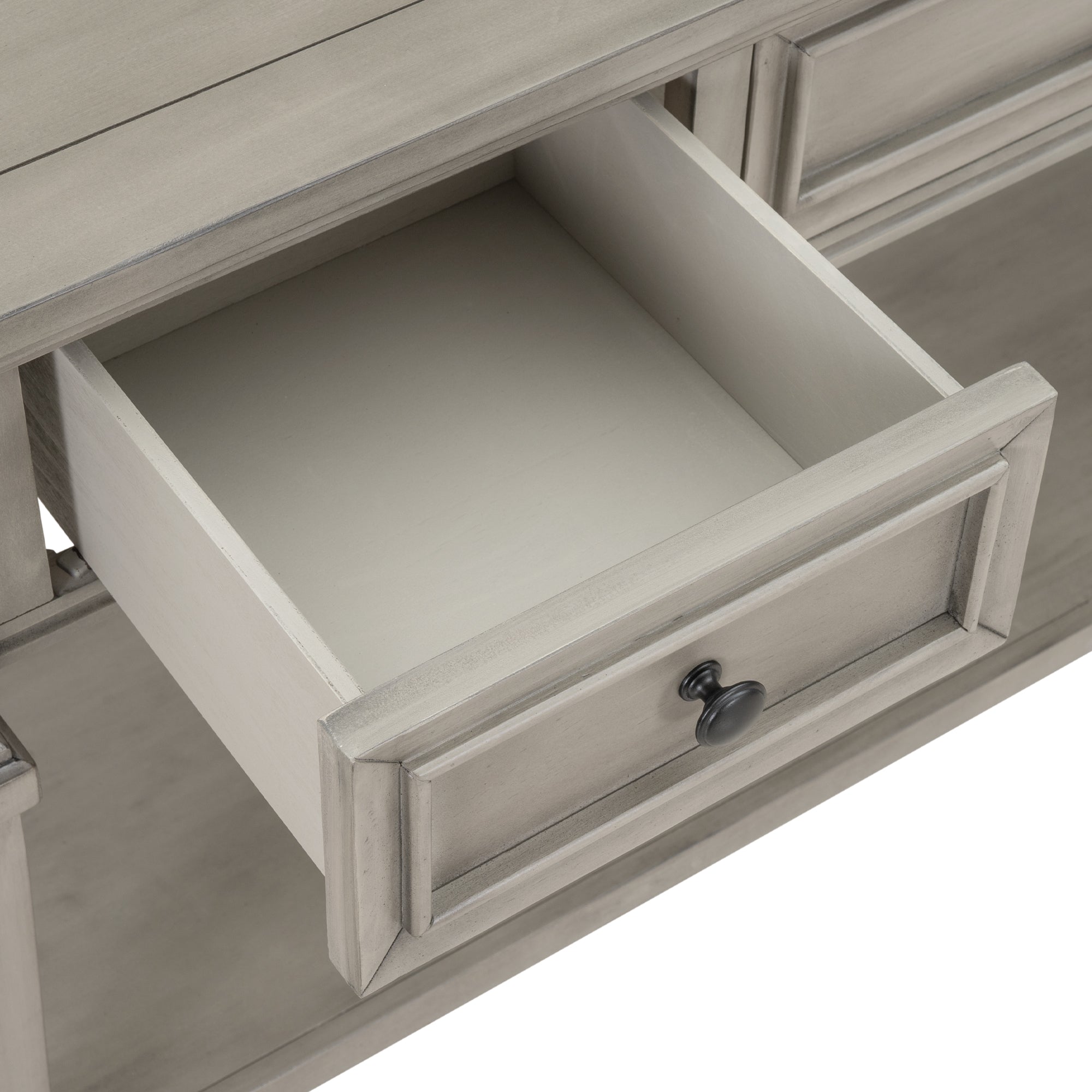Console TREXM de style rétro classique avec trois tiroirs supérieurs et une étagère inférieure ouverte (gris délavé)