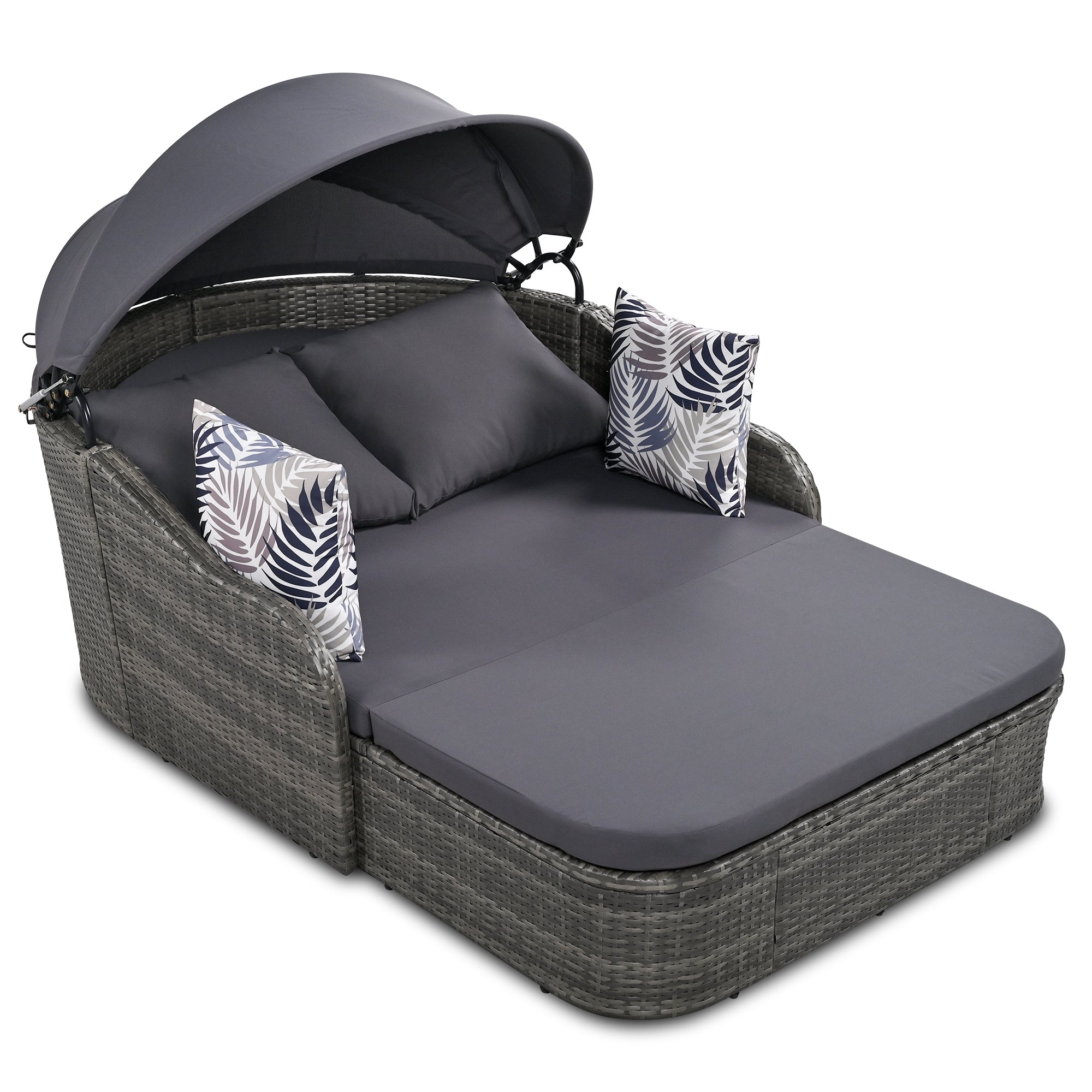 Chaise longue d'extérieur GO 79,9" avec auvent réglable, double salon, lit de repos en rotin synthétique, osier gris et coussin