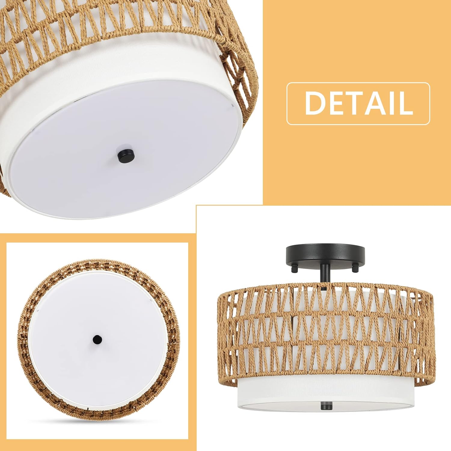 Plafonnier semi-encastré à 3 lampes, luminaire bohème en rotin, luminaire tambour de ferme avec abat-jour en tissu