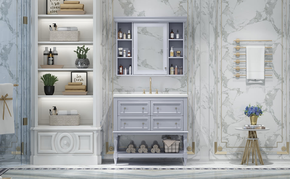 Meuble-lavabo de salle de bain 36'' avec armoire à pharmacie, armoire à miroir moderne avec étagère réglable, meuble de rangement de salle de bain avec 4 tiroirs