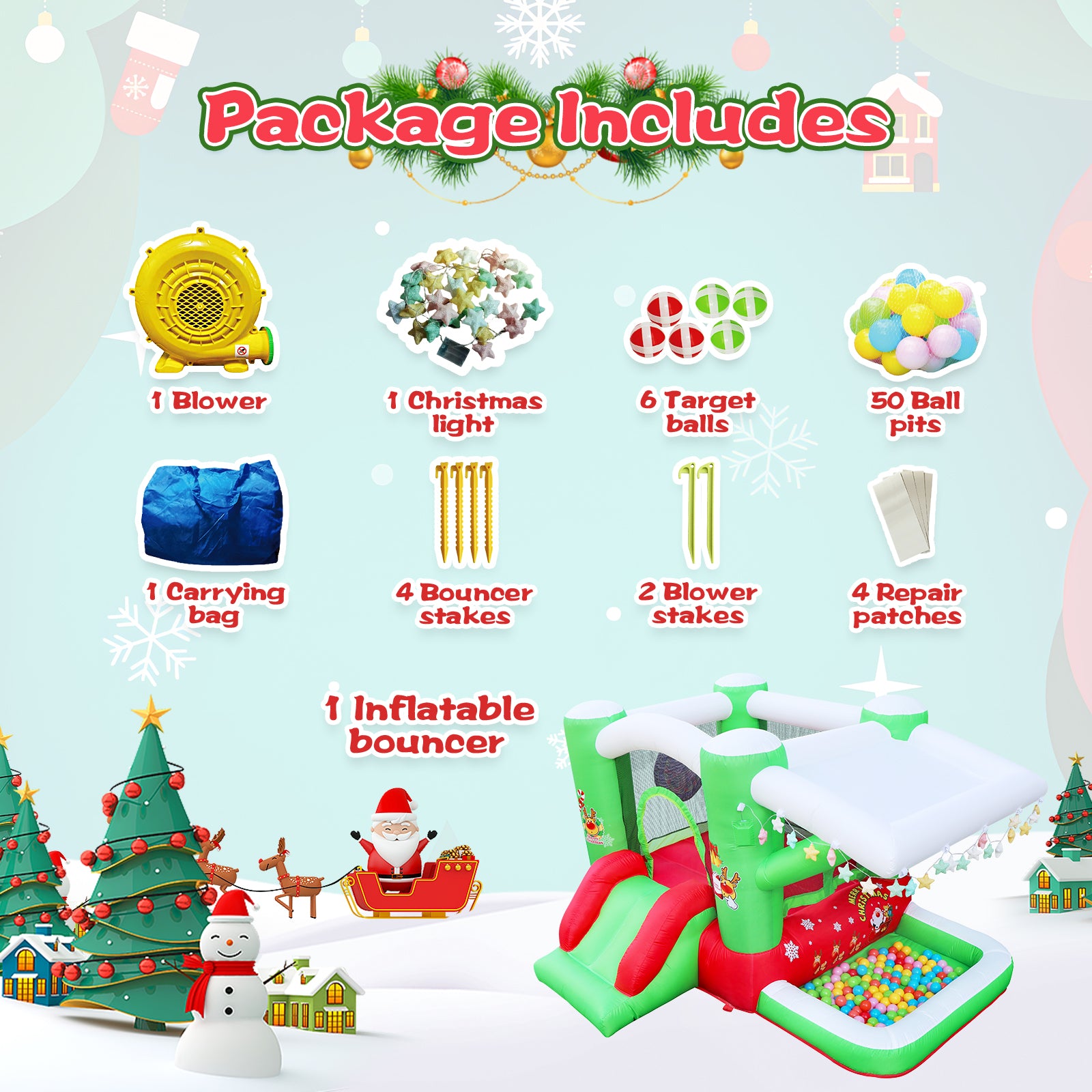 Trampoline gonflable de Noël pour enfants, installation complète avec souffleur - Aire de jeux de 203 x 231 cm - Hauteur de 140 cm