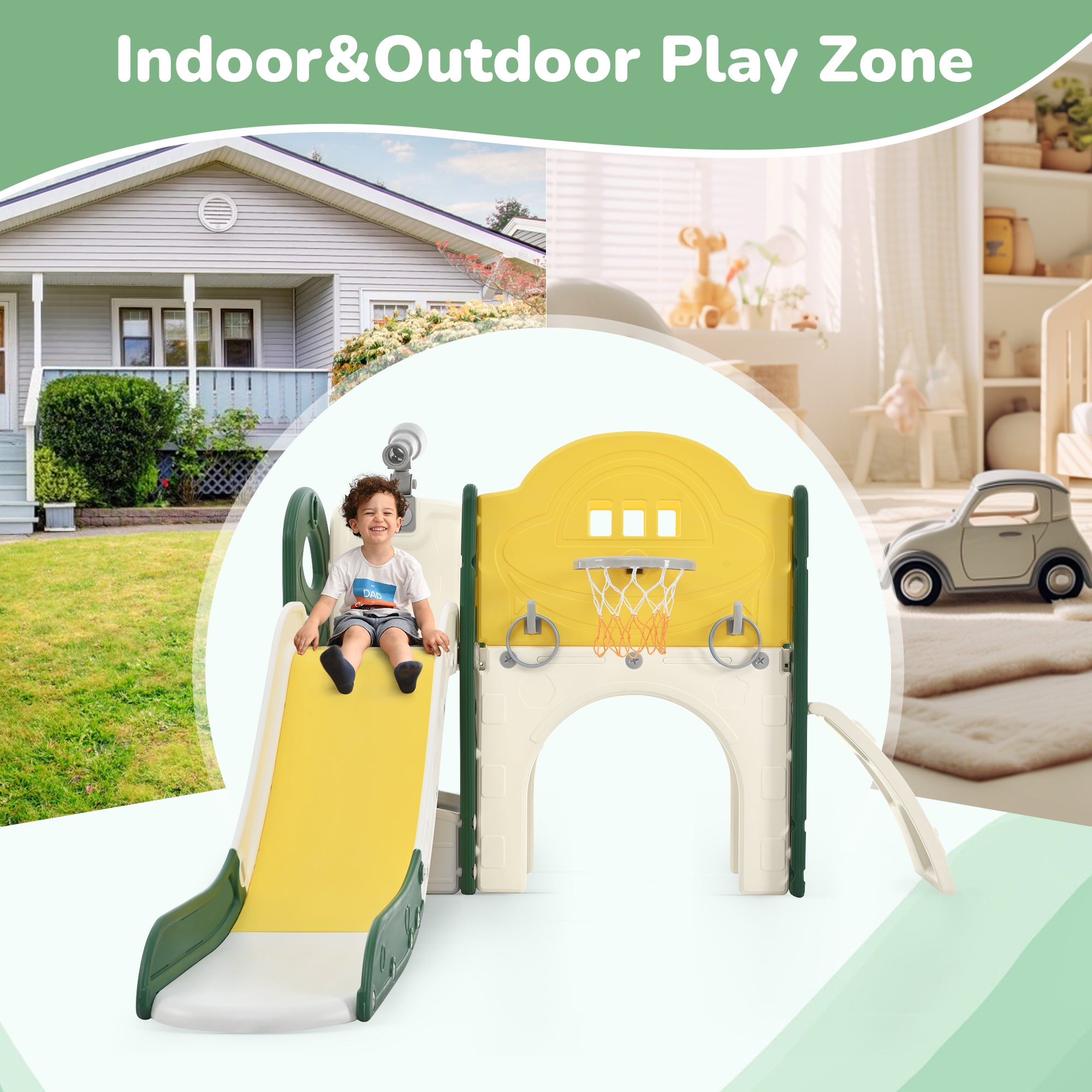 Structure de jeu pour enfants 7 en 1, vaisseau spatial autonome avec toboggan, tunnel en arche jaune + PEHD