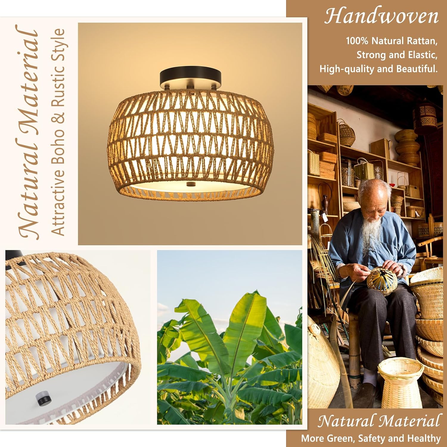 Plafonnier Boho, semi-encastré en rotin, luminaire de style campagnard avec abat-jour en tissu