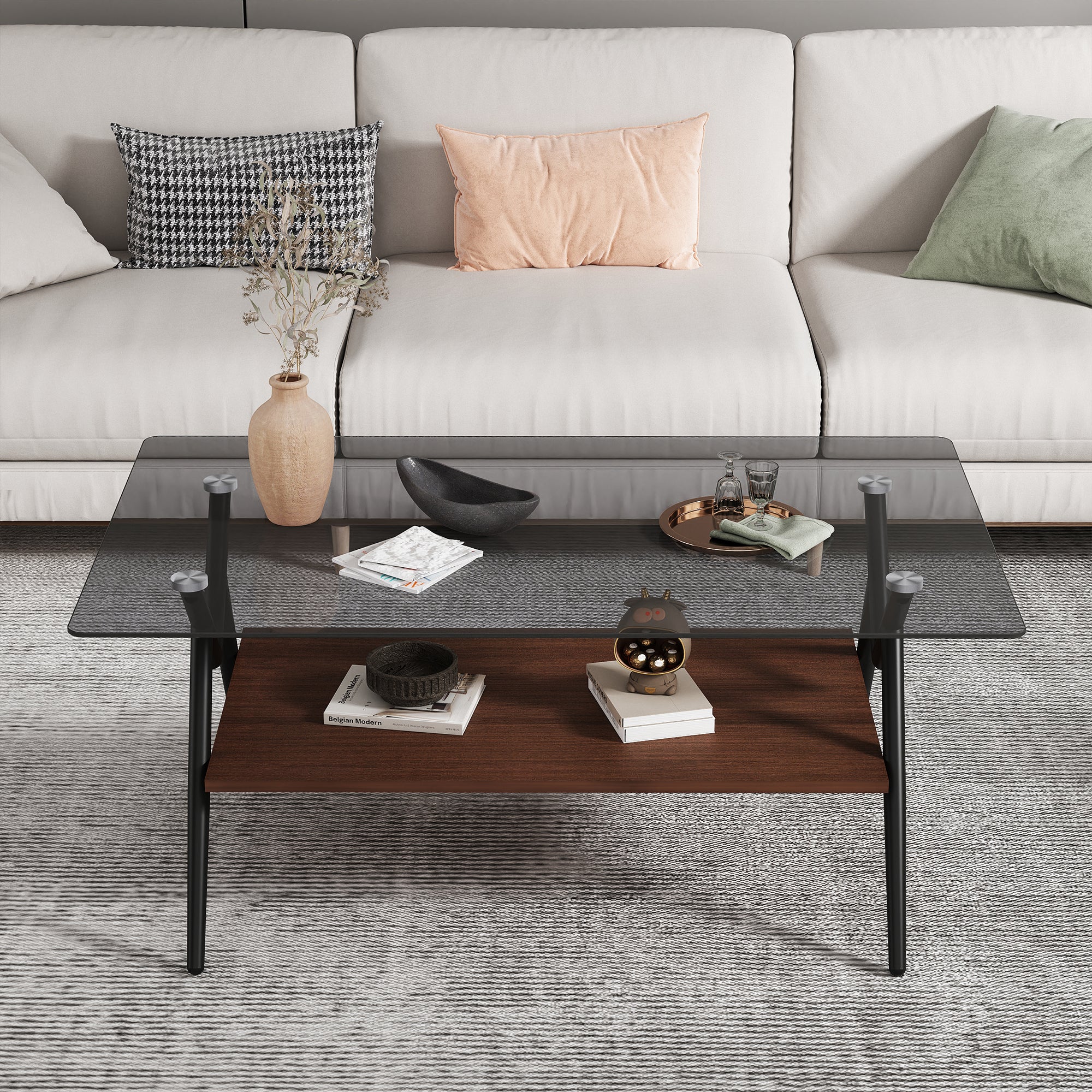 Table basse rectangulaire avec plateau en verre trempé et étagère en MDF marron, table moderne pour salon, verre gris