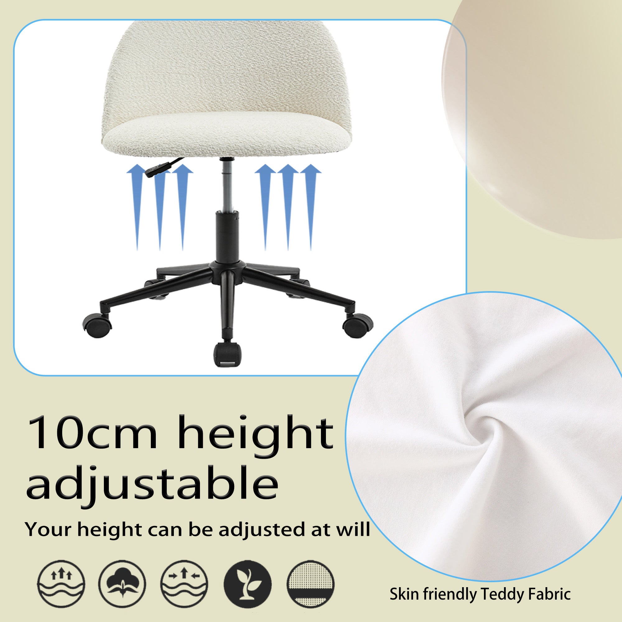 Chaise de bureau en tissu velours, chaise d'ordinateur pivotante réglable à dossier moyen, pieds noirs, chaise de bureau rembourrée avec roulettes