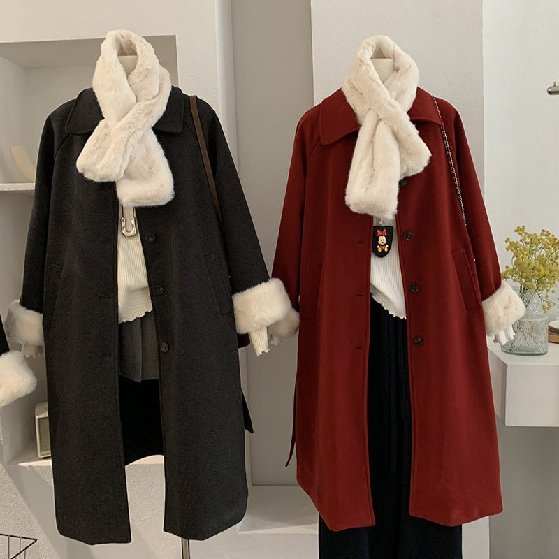Vintage Wool Coat Mid-Length Padded Thick Woolen Coat with Scarf