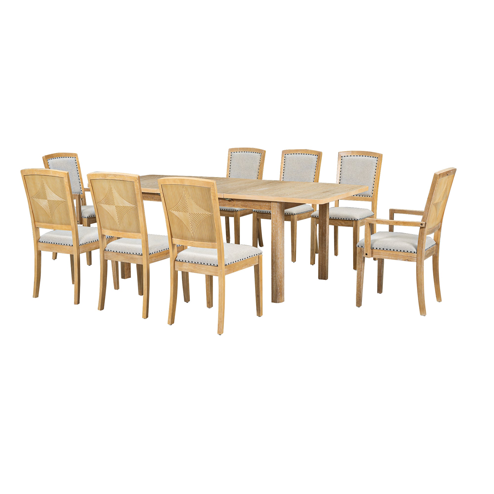 TOPMAX expandable 84 inch dining table set with 24 inch detachable leaves, 6 armless chairs and 2 armchairs 9 pieces natural