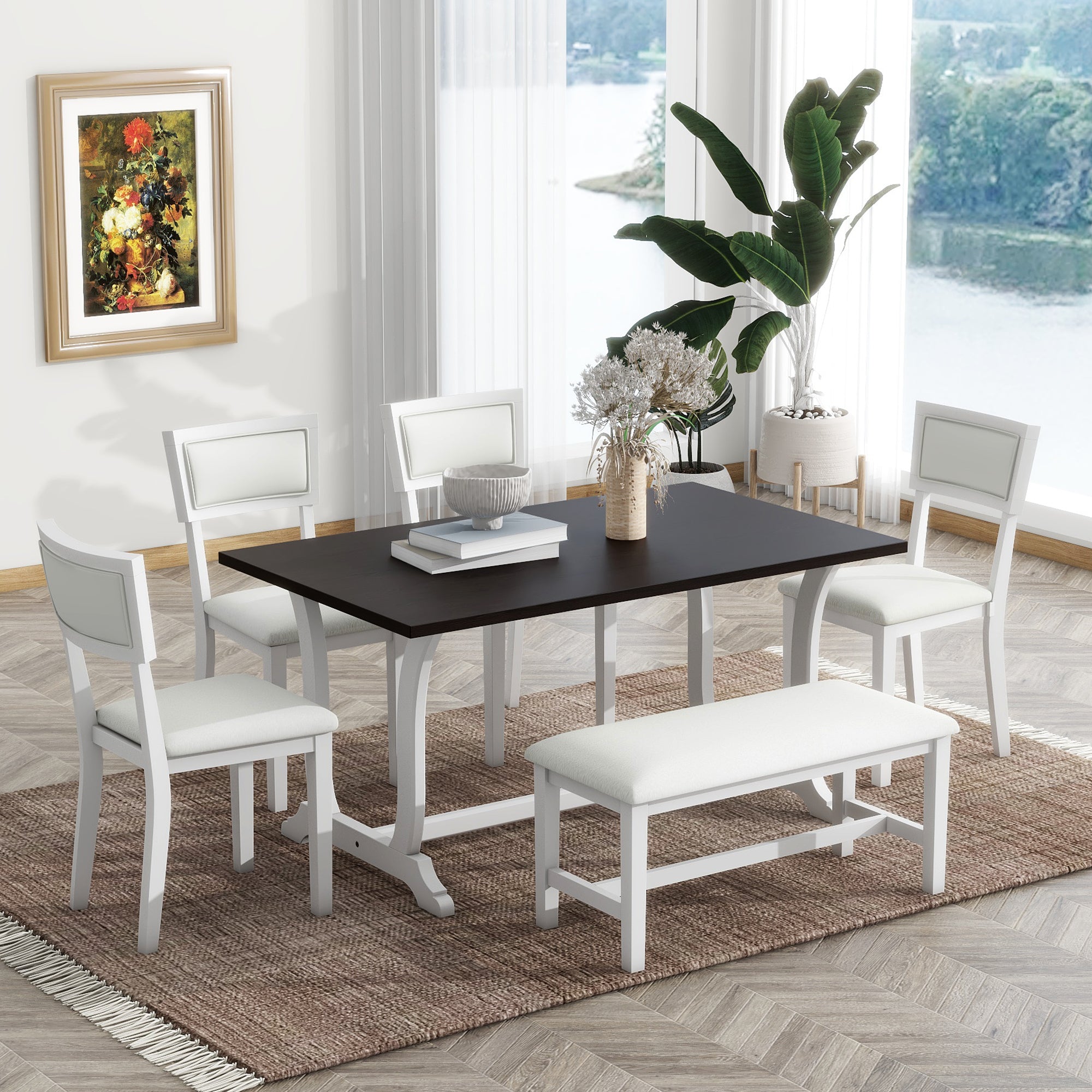 TOPMAX Farmhouse 6-Piece Trestle Dining Table Set with Upholstered Dining Chairs and Bench 59inch, White