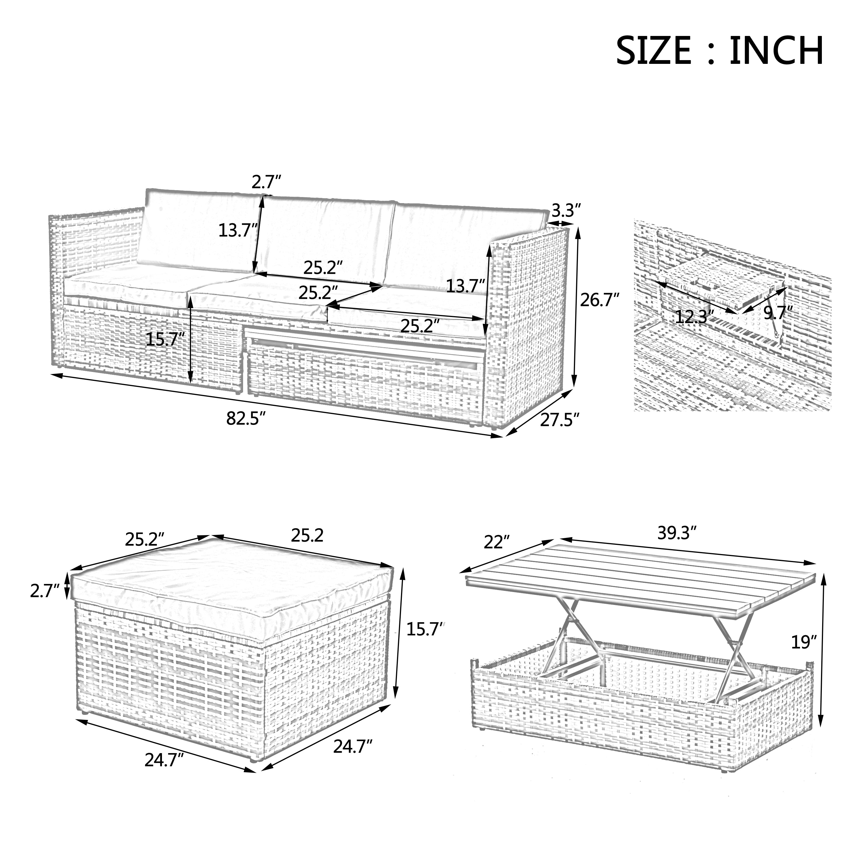 Mobilier de jardin, mobilier d'extérieur, mobilier saisonnier en osier PE, ensemble de 5 meubles en osier avec table basse en contreplaqué
