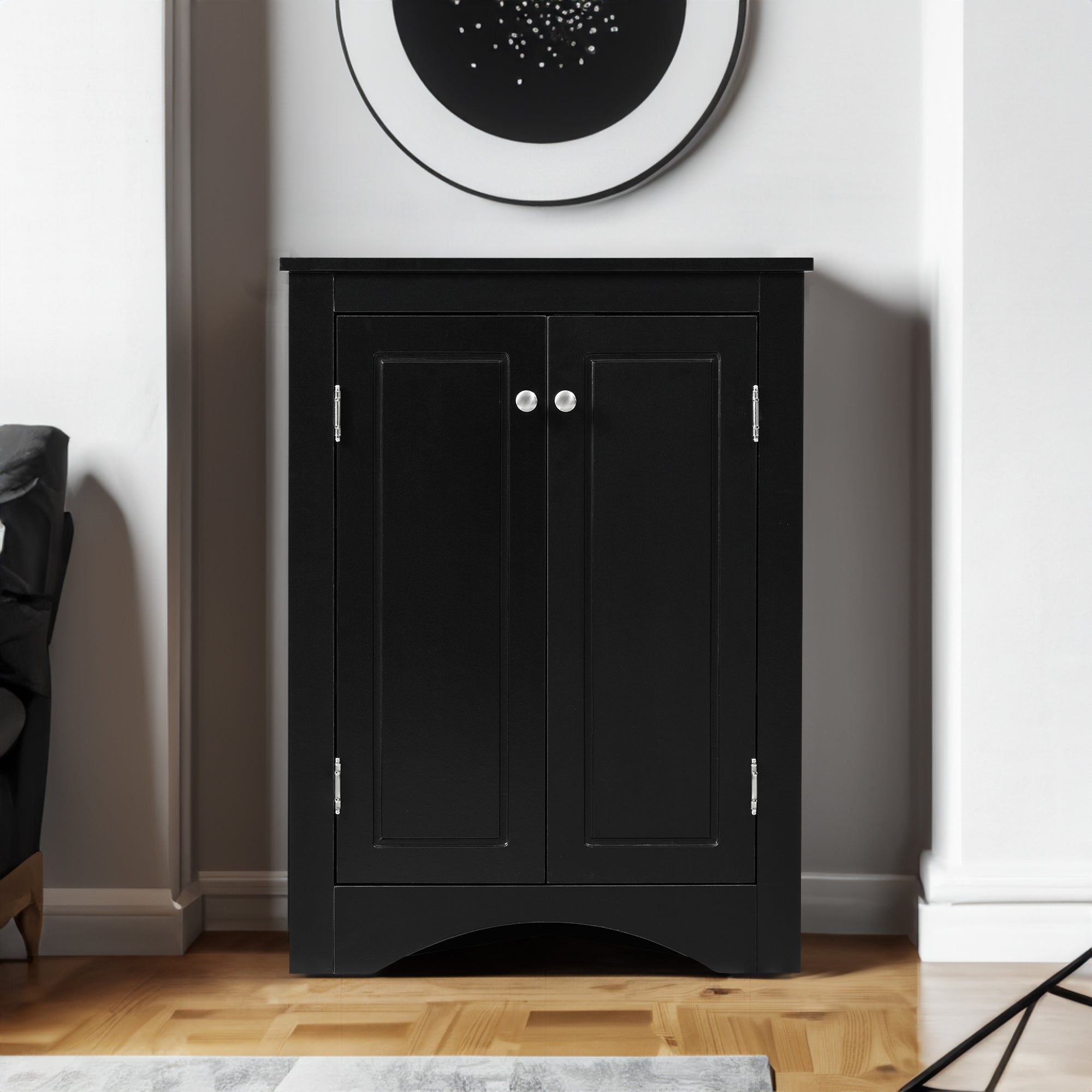 Meuble de rangement triangulaire noir pour salle de bain avec étagères réglables, meuble de sol autoportant pour cuisine