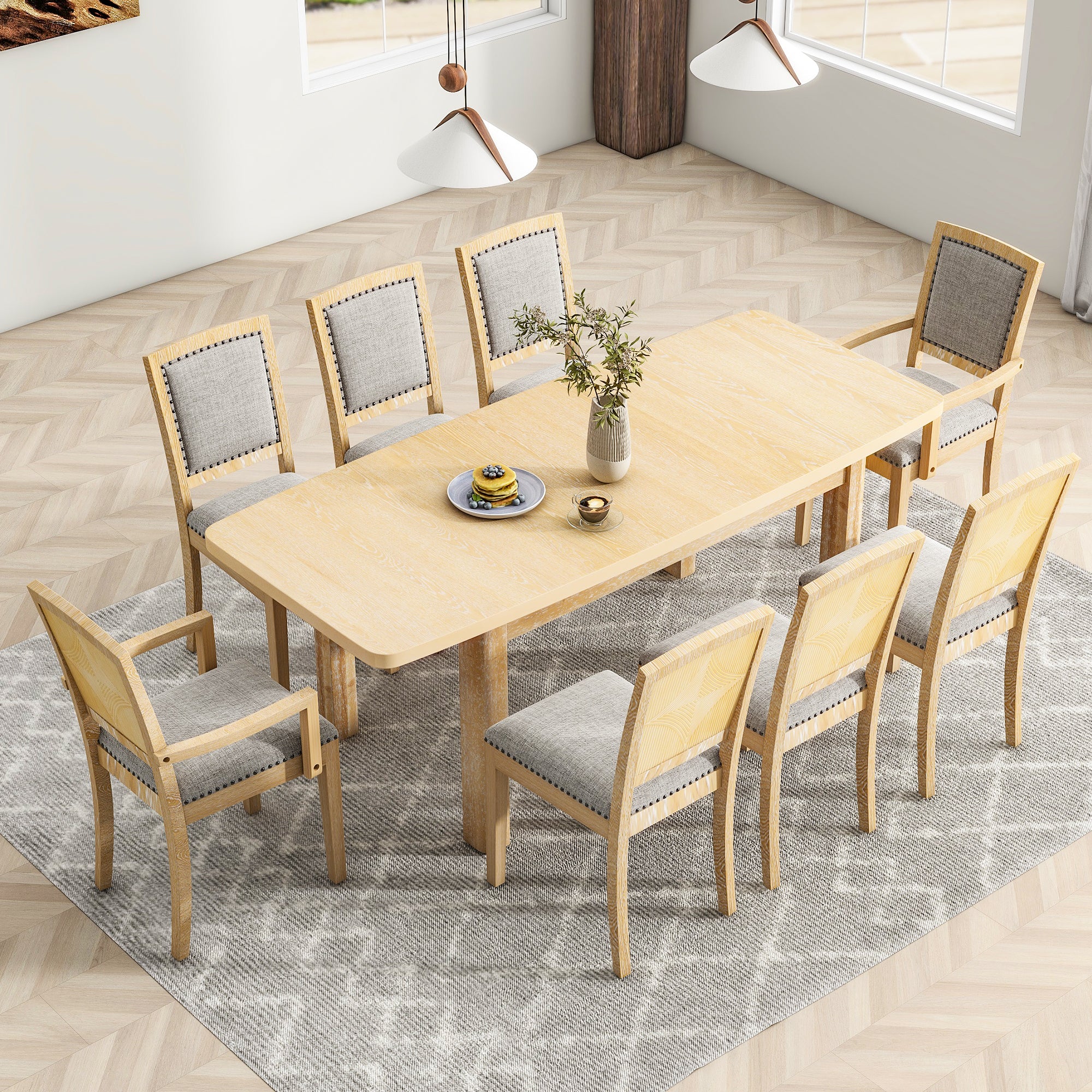 TOPMAX expandable 84 inch dining table set with 24 inch detachable leaves, 6 armless chairs and 2 armchairs 9 pieces natural