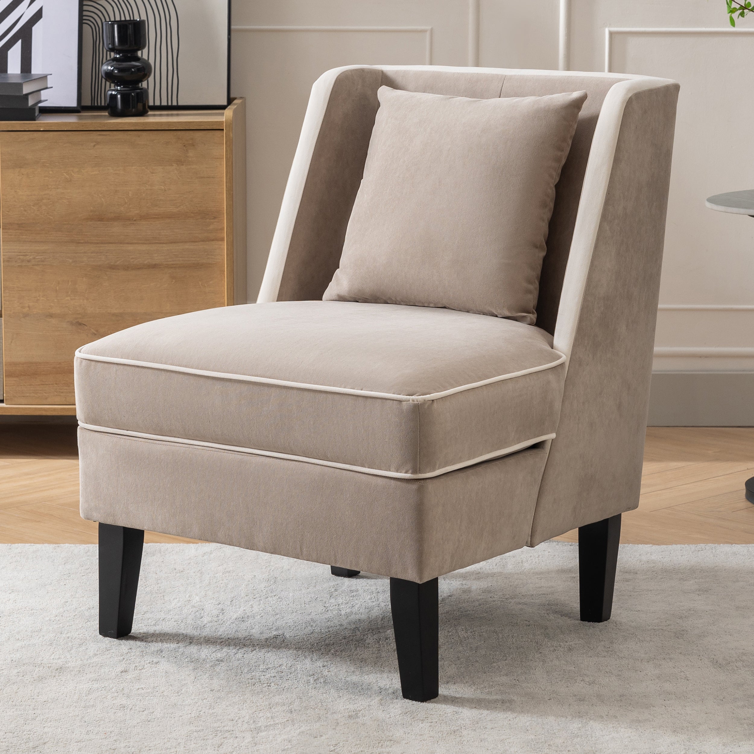 Fauteuil d'appoint rembourré en velours avec passepoil crème, beige et crème