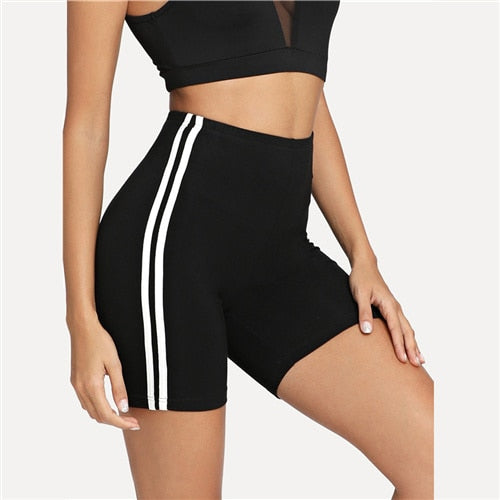 Short cycliste à rayures contrastées sur les côtés pour femme, vêtement de sport, style motard, style décontracté, noir