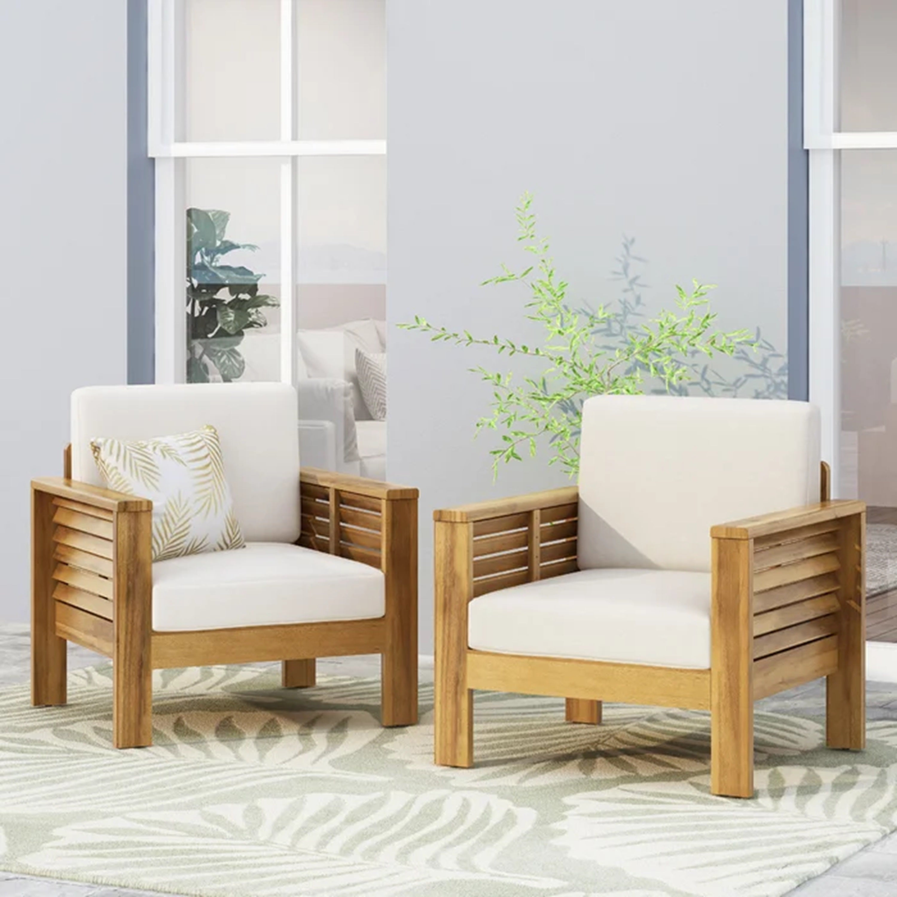 (Lot de 2) Chaises club d'extérieur en bois d'acacia avec coussins, teck + beige, 27,75"P x 32"L x 27,75"H