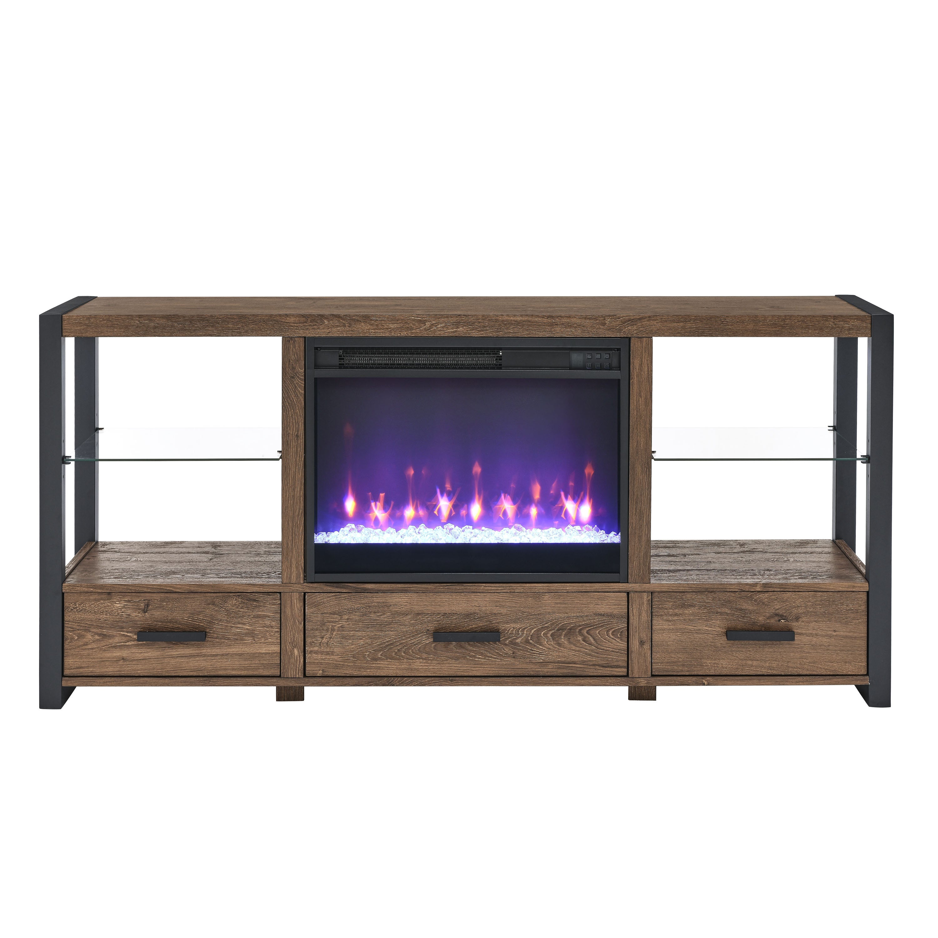 Meuble TV multimédia avec foyer électrique de 60 pouces et lumières LED colorées synchronisées - Couleur bois de grange recyclé