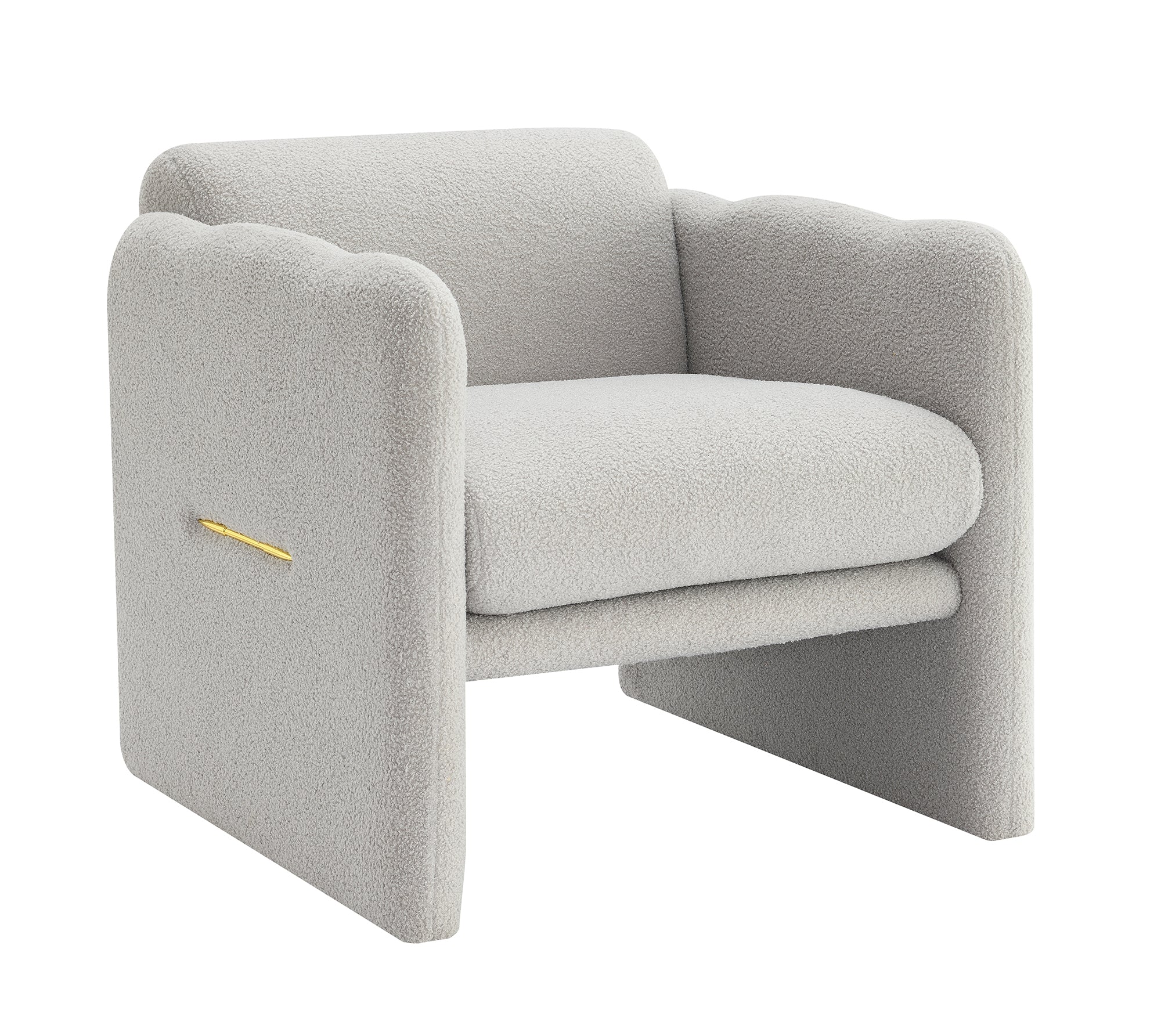 Fauteuil avec accoudoirs ondulés, décorations métalliques de part et d'autre des accoudoirs, en tissu Teddy, gris clair