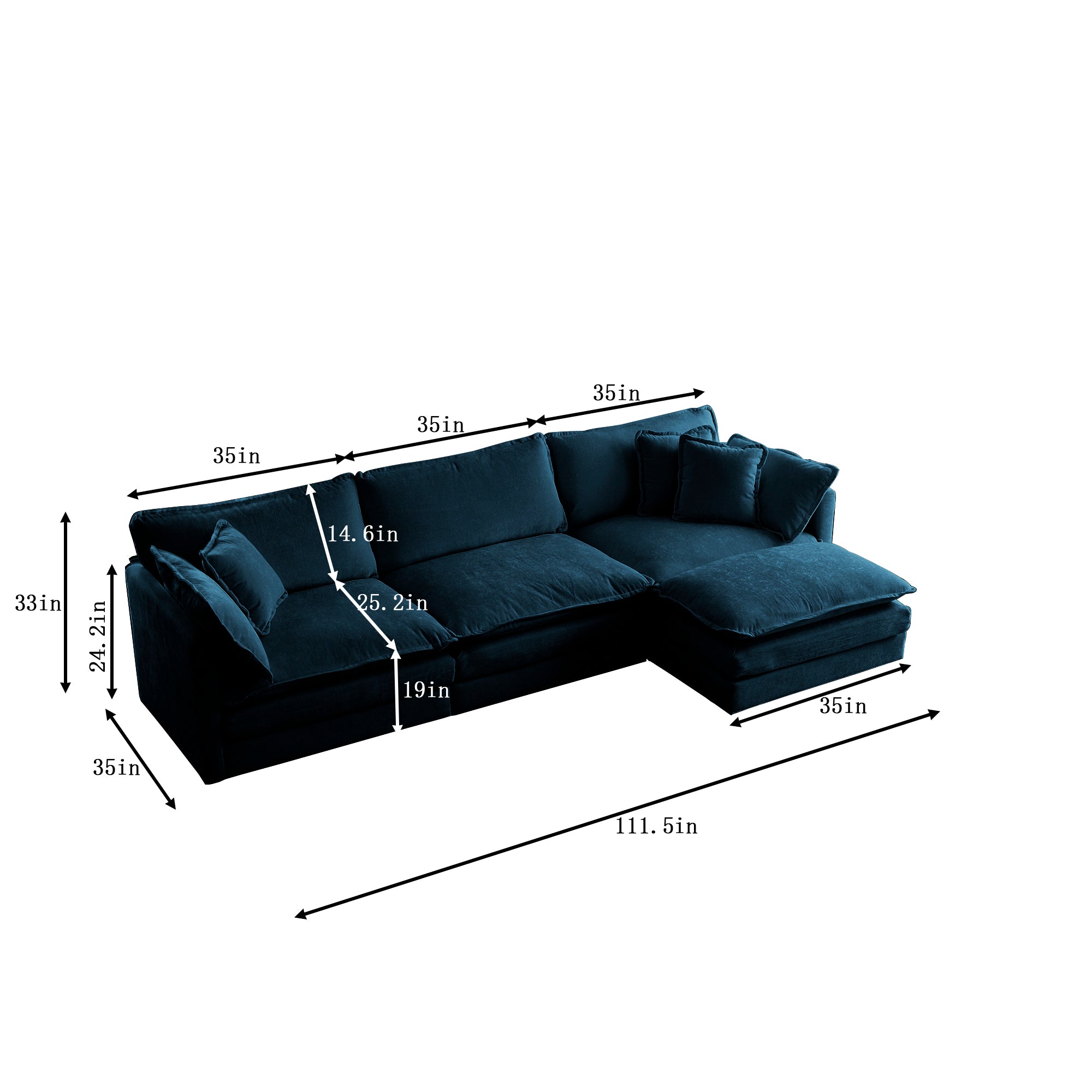 Canapé modulable en L, rembourré et confortable, avec pouf réversible, tissu chenille bleu