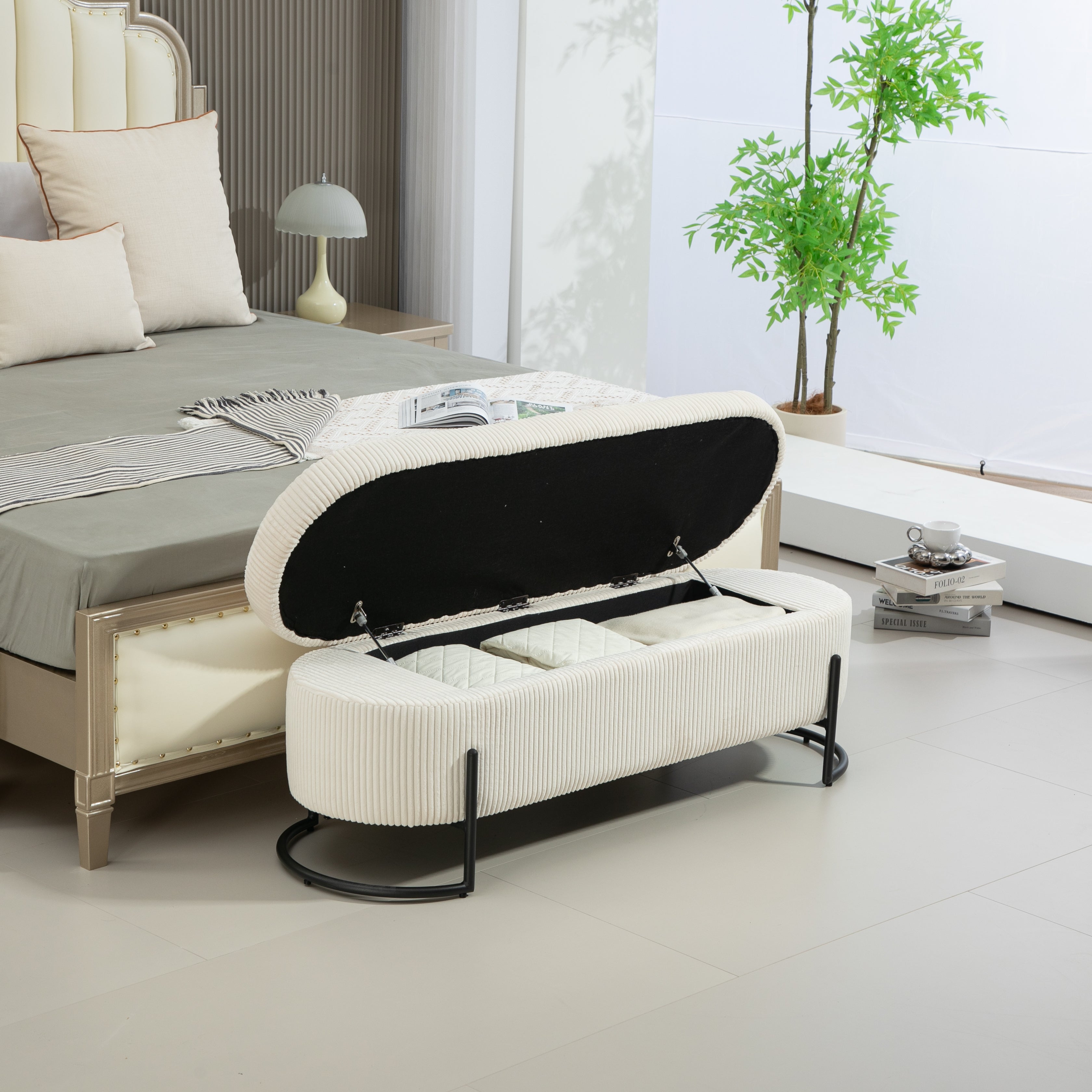 Chaise ottomane de rangement COOLMOR avec charnière de sécurité et coussin en tissu doux (beige)