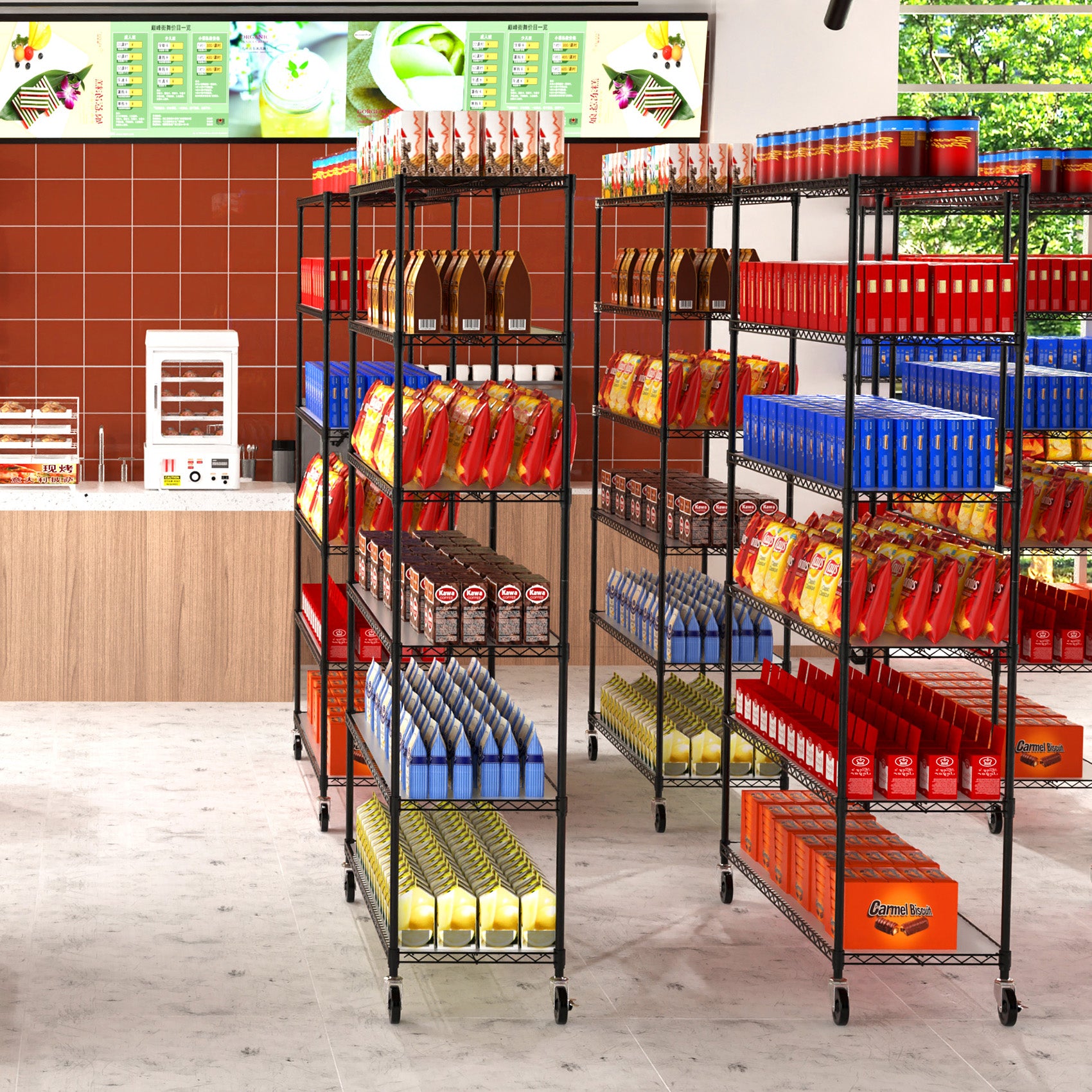 Étagère métallique à 6 niveaux, 6 000 lb, réglable en hauteur, avec roulettes, noire, pour garage