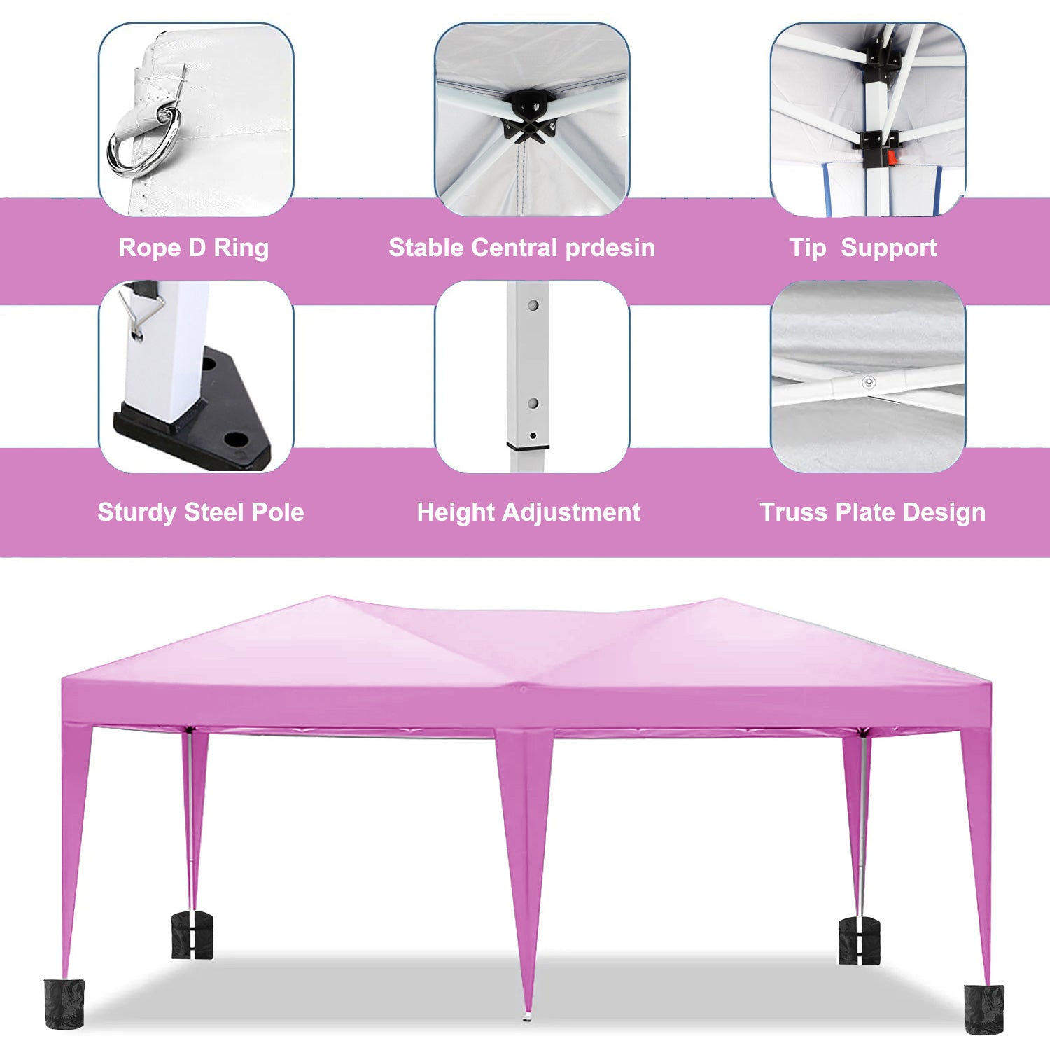 Auvent pliable de 10'x20' avec 6 abris d'activités extérieurs à parois latérales amovibles, tente portative de terrasse UPF 50+ (rose)