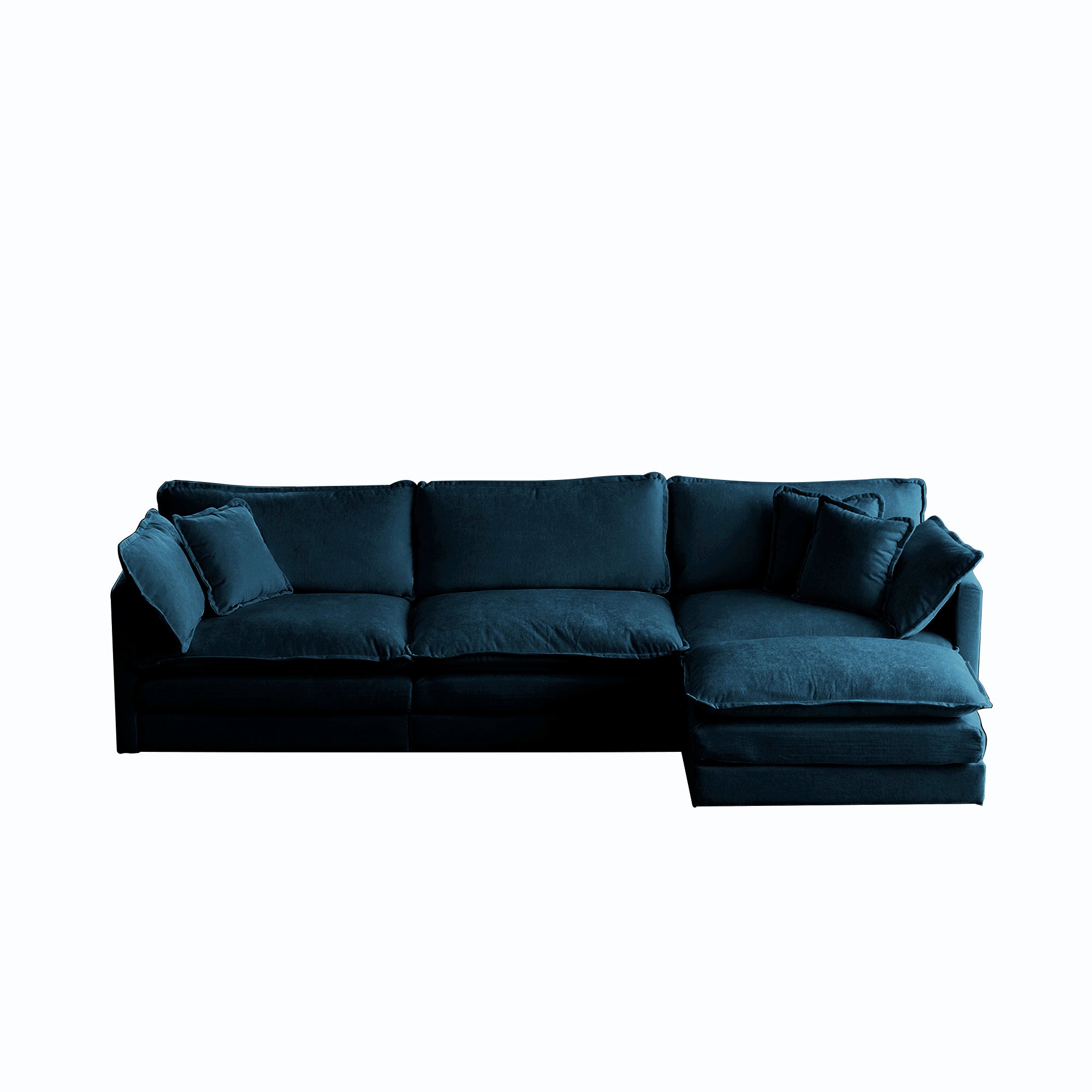 Canapé modulable en L, rembourré et confortable, avec pouf réversible, tissu chenille bleu