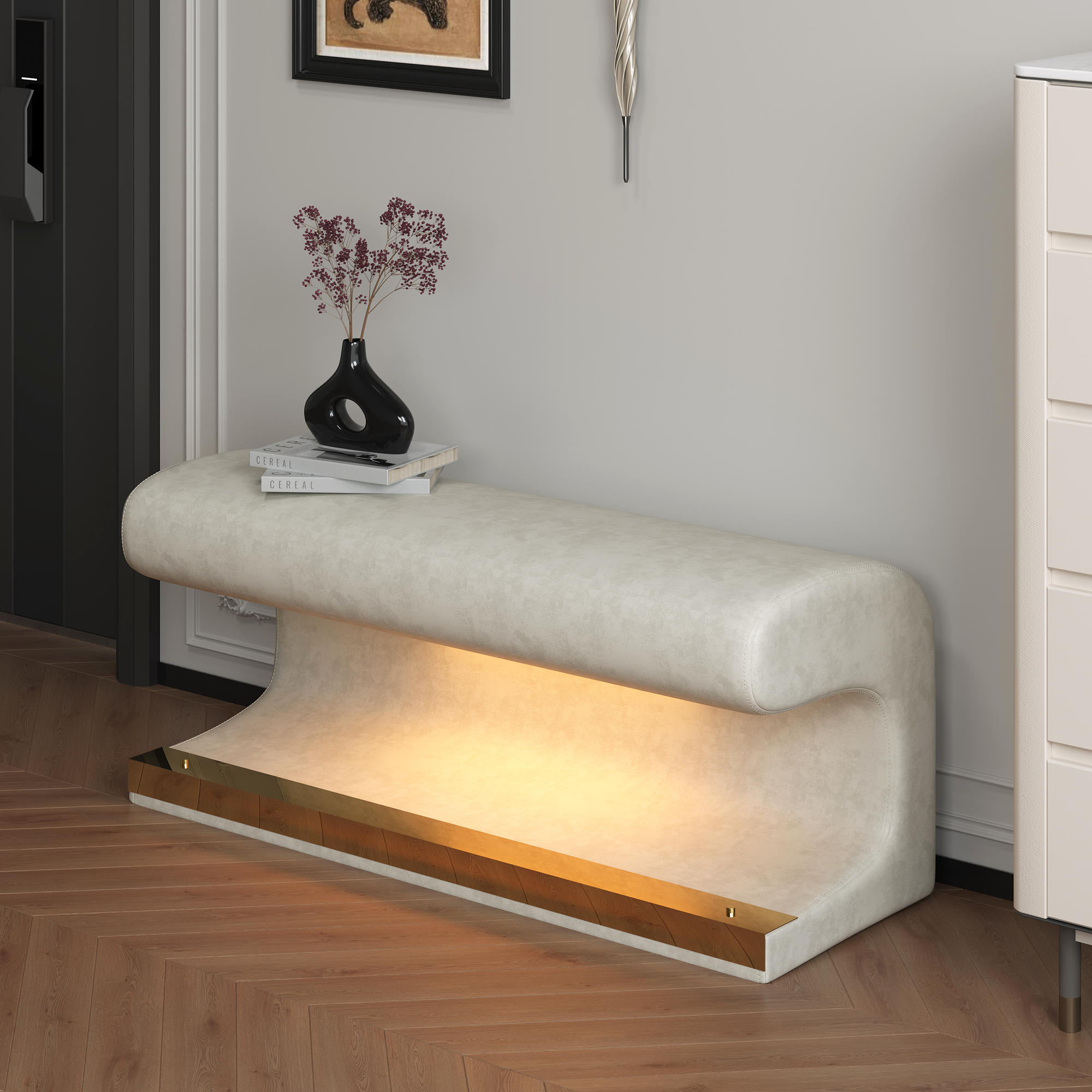 Banc d'entrée ottoman rembourré en cuir avec lumière à capteur LED pour salon, chambre, bout de lit, beige