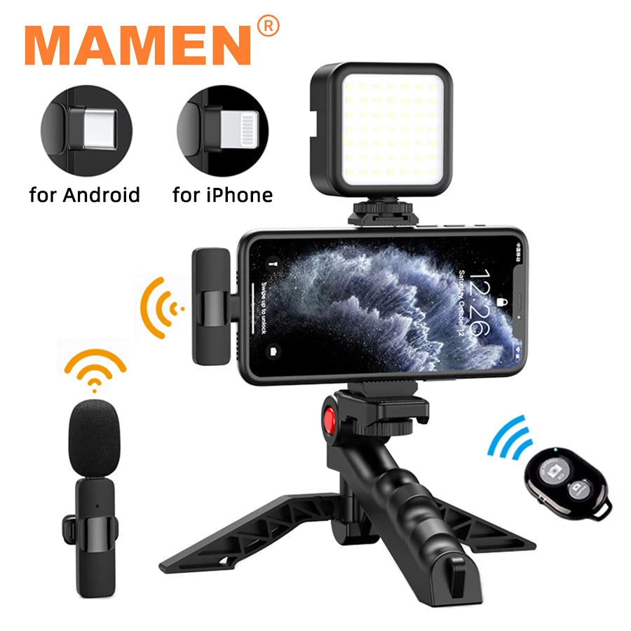 Kit de vlogging sans fil MAMEN, trépied pour téléphone avec microphone cravate, lumière LED pour iPhone, Android, smartphone, boîte à outils de diffusion en direct
