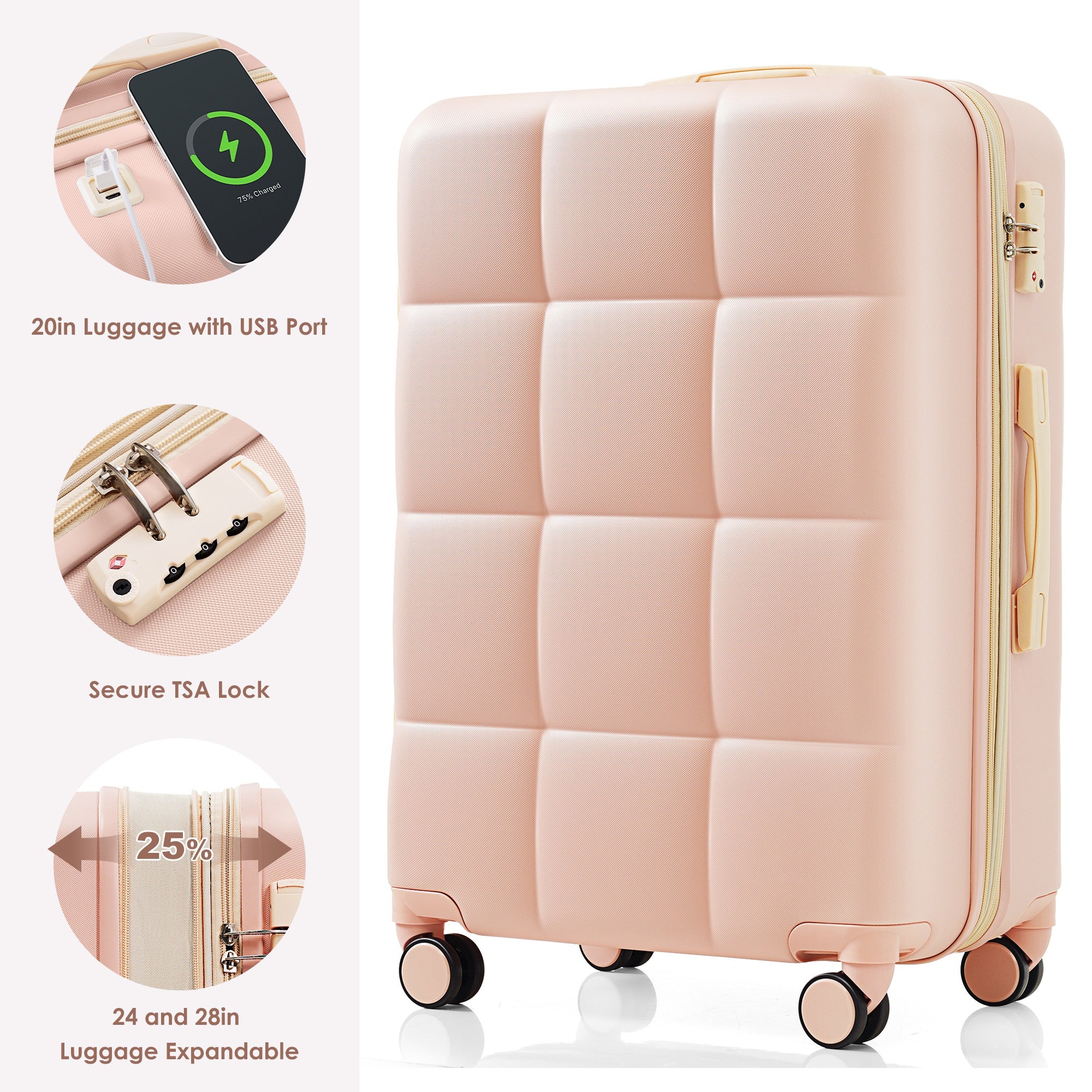 Ensemble de bagages 3 pièces, 20 pouces, valise rigide en ABS avec port USB et porte-gobelet, roue rotative, couleur rose