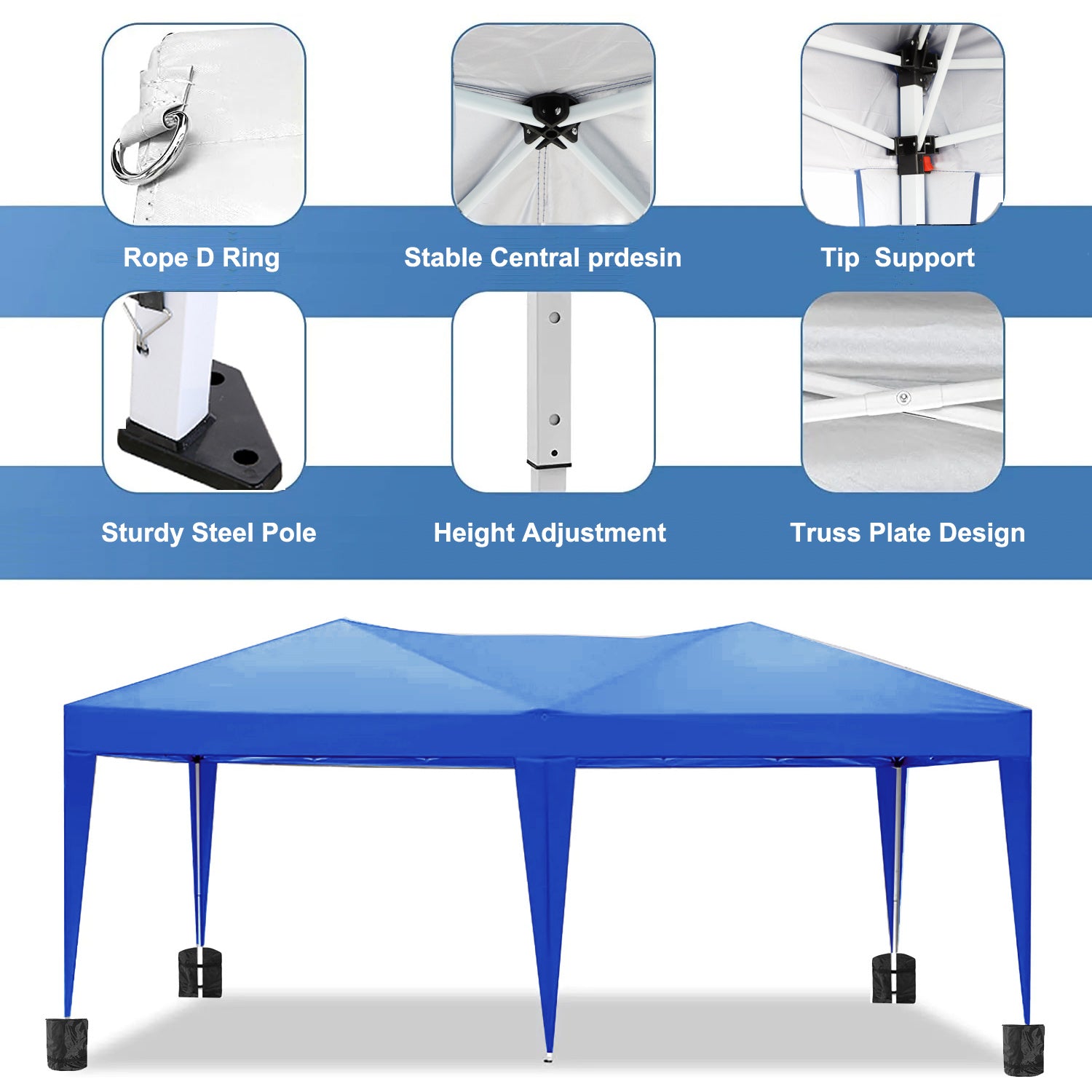 Auvent pliable de 10'x20' avec 6 parois latérales amovibles, abris d'activités de plein air, tente portable de terrasse UPF 50+ (bleu)