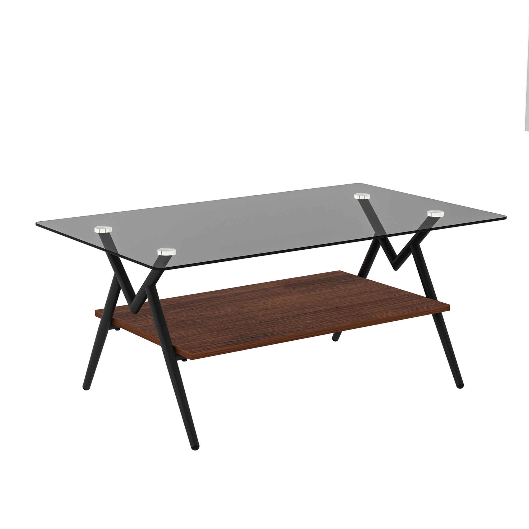 Table basse rectangulaire avec plateau en verre trempé et étagère en MDF marron, table moderne pour salon, verre gris
