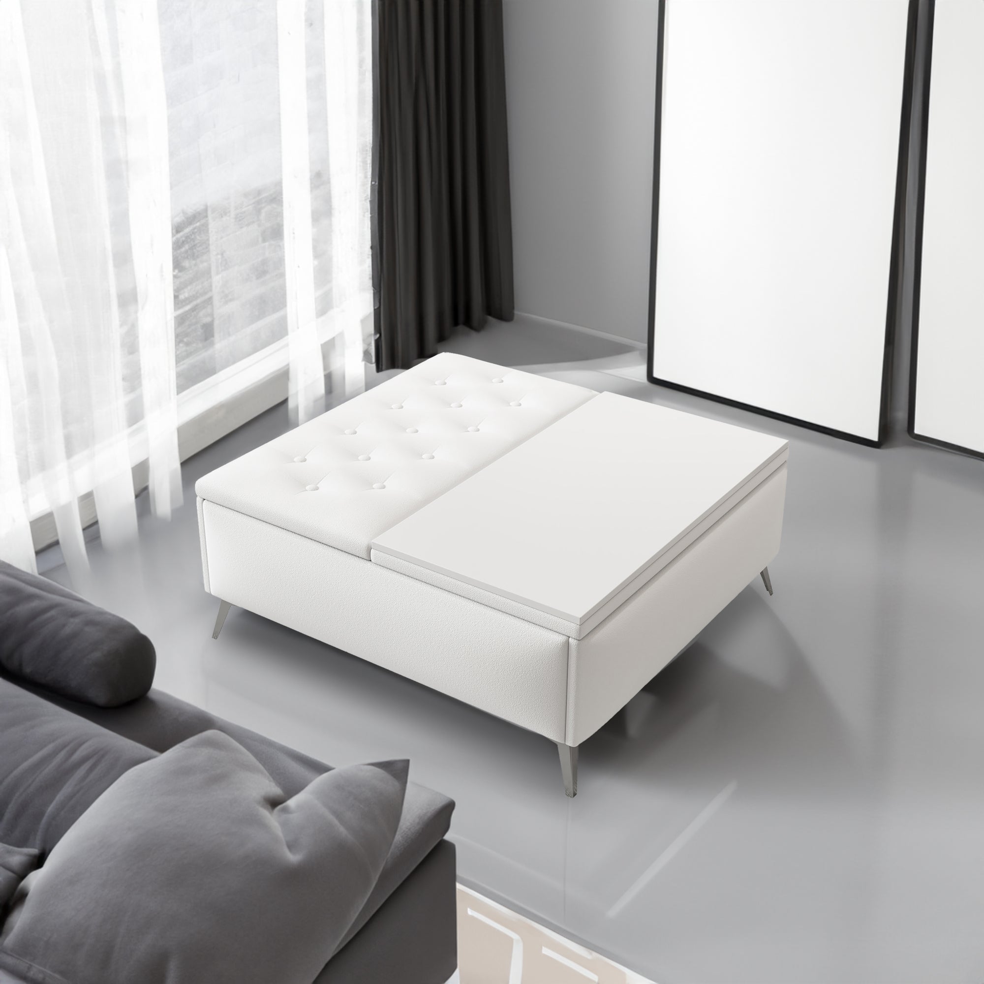 Banc de rangement carré de 35 pouces de large, table basse avec plateau relevable, ottoman de rangement surdimensionné rembourré pour le salon
