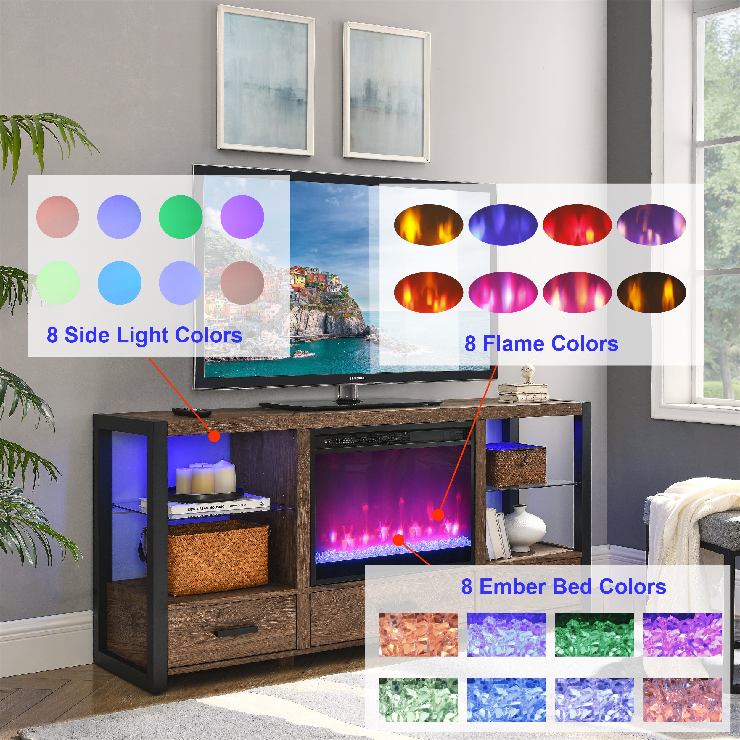 Meuble TV multimédia avec foyer électrique de 60 pouces et lumières LED colorées synchronisées - Couleur bois de grange recyclé
