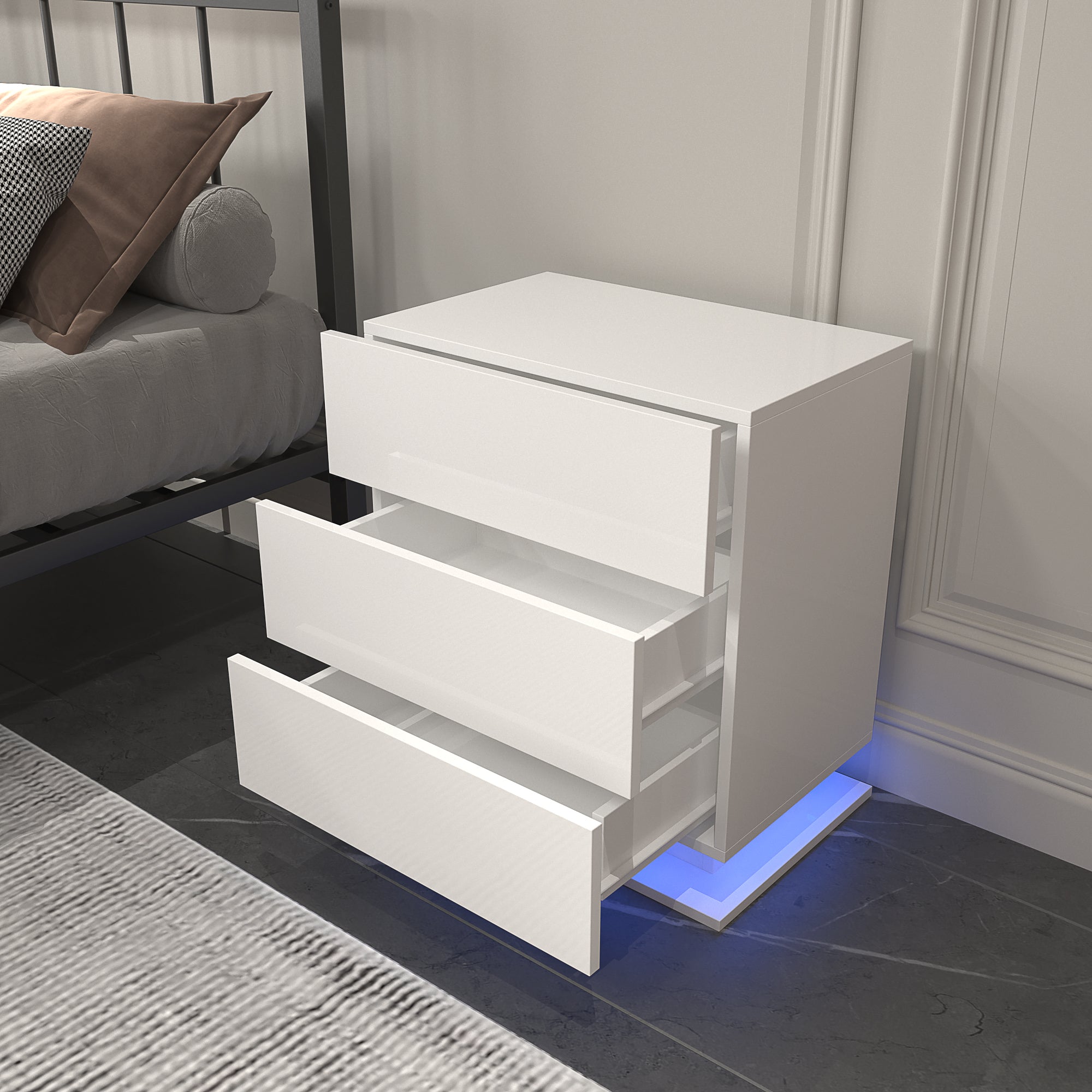 Table de chevet LED avec 3 tiroirs, table de chevet blanche, table d'appoint moderne pour chambre à coucher