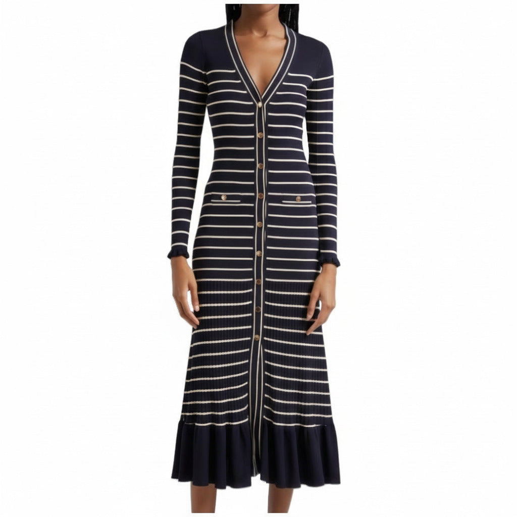 Elegant Fitted Knitted Tweed Stripe Long Sleeve Ruffle Dress with Single Breasted Design Autumn/Winter Lady's Dress