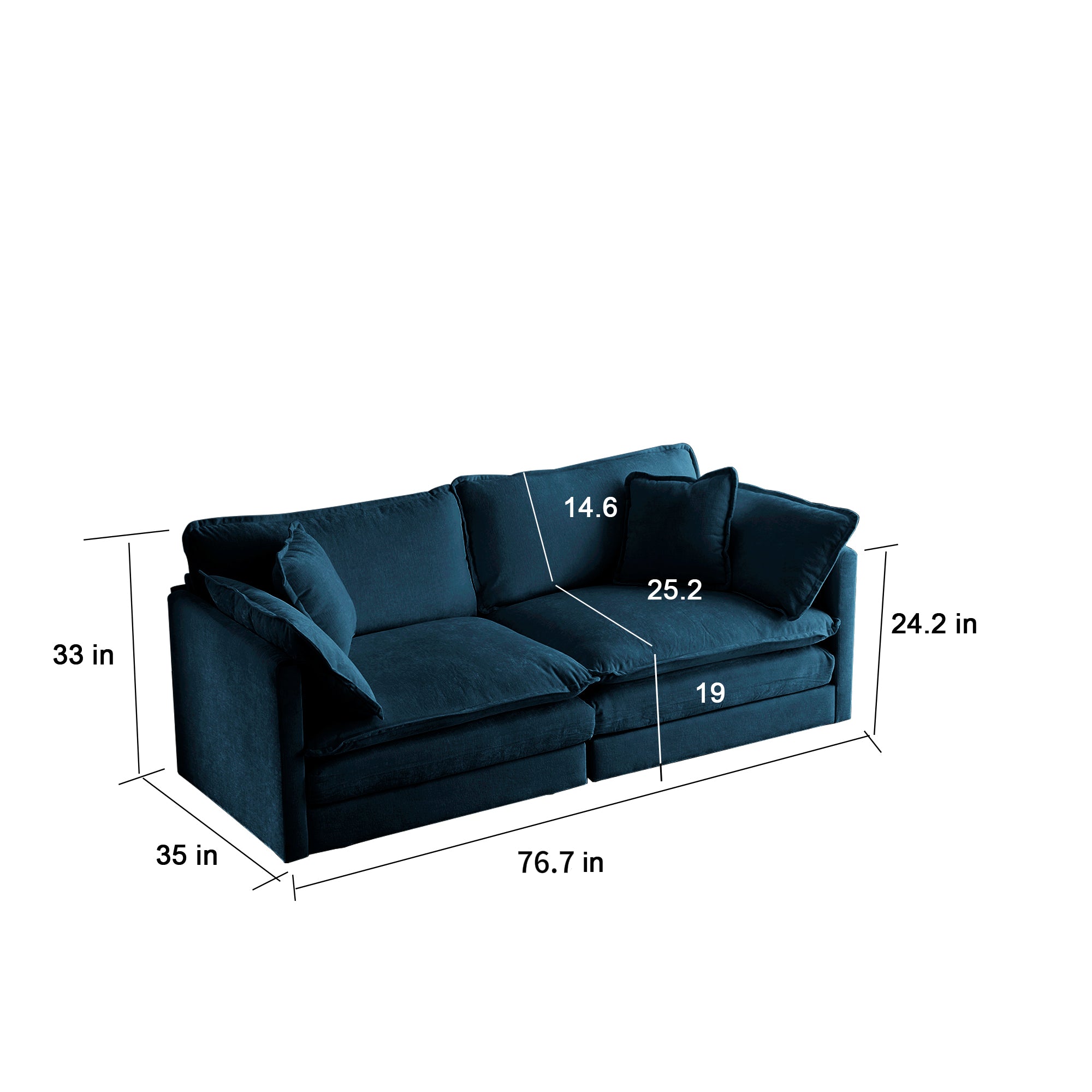 Canapé causeuse moderne en tissu pour salon, canapé 2 places rembourré, grande taille, siège profond, avec 4 oreillers, chenille bleue