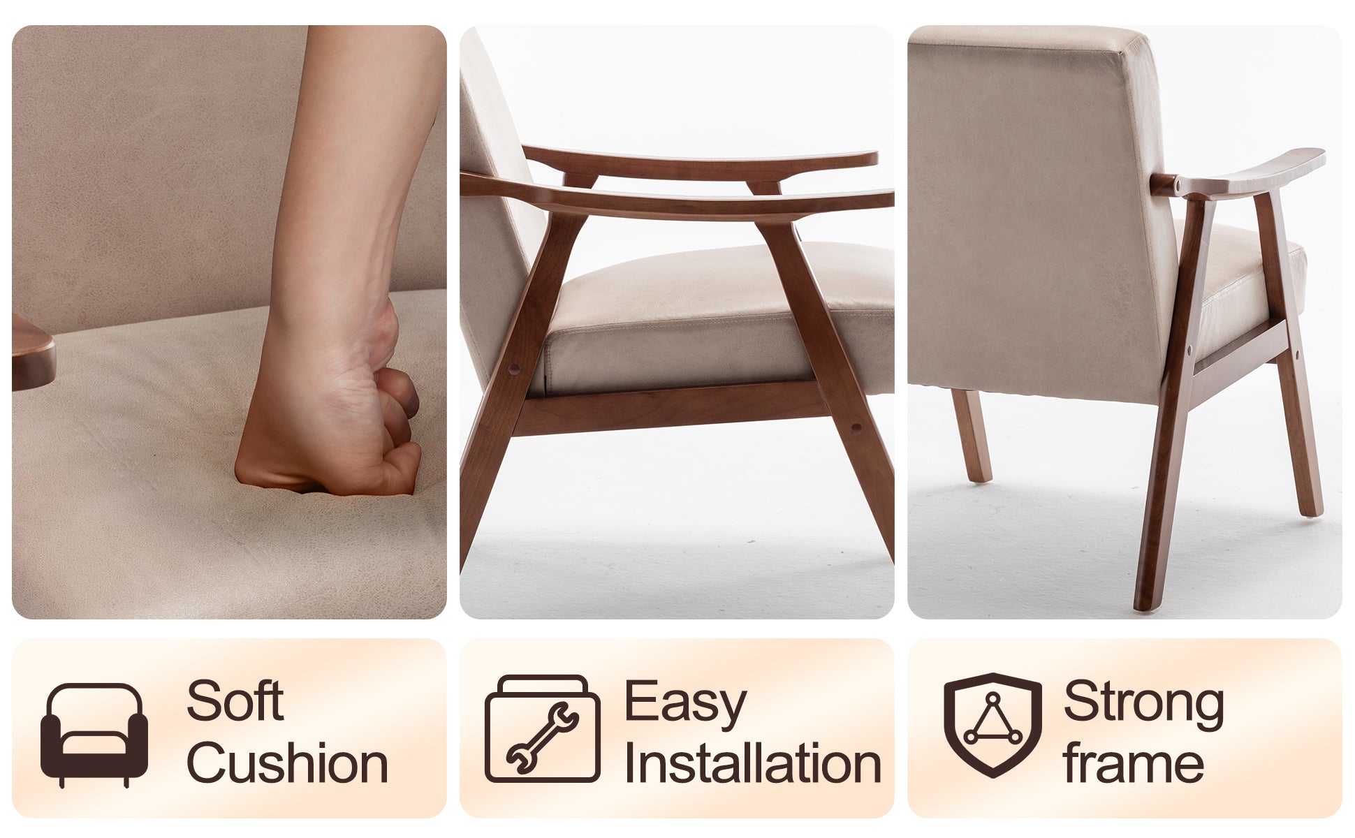 Chaise de salon à cadre en bois massif, chaise d'appoint avec dossier épais, chaise décontractée Indoo