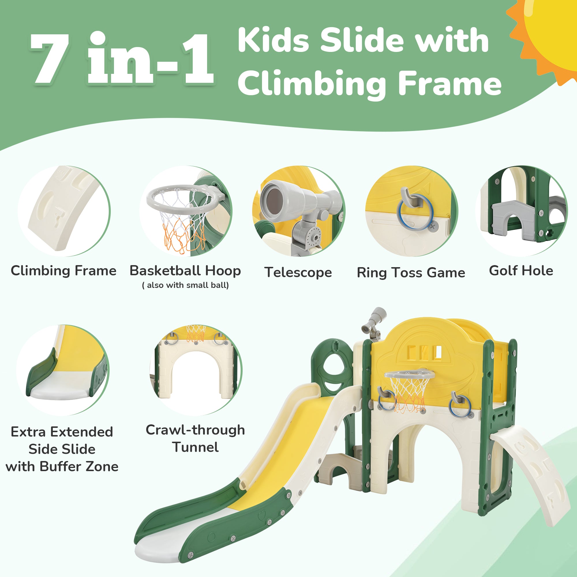 Structure de jeu pour enfants 7 en 1, vaisseau spatial autonome avec toboggan, tunnel en arche jaune + PEHD