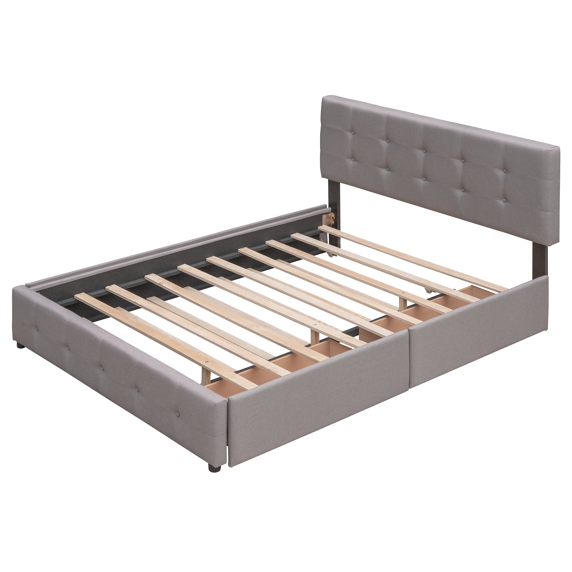 Lit plateforme rembourré avec 2 tiroirs et 1 lit gigogne simple XL en tissu lin, taille Queen - Gris clair
