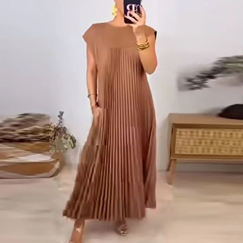 Nouvelle robe plissée sans manches à col rond pour femme, mode automne et hiver