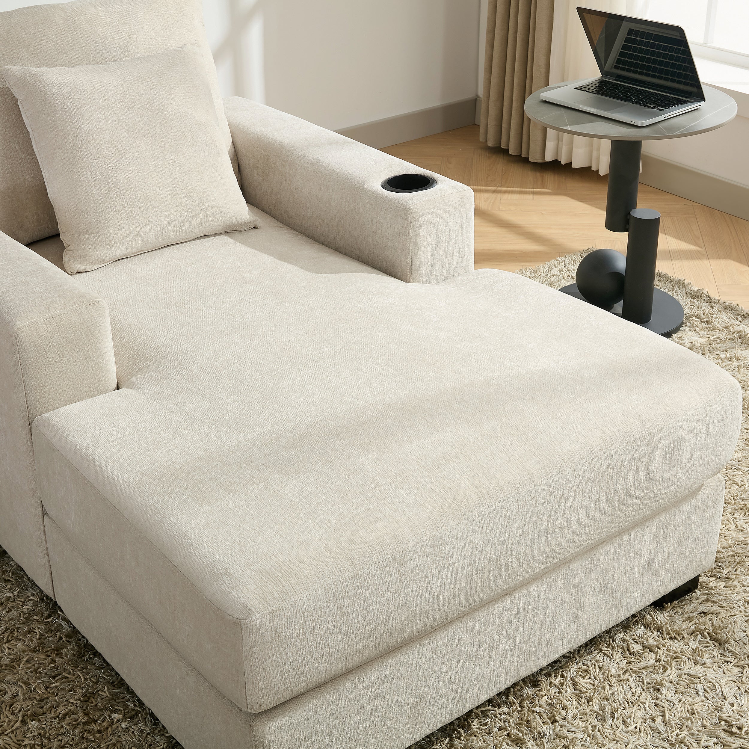 Canapé-lit surdimensionné de 100 cm, style moderne, avec coussins, station de charge et porte-gobelets, tissu chenille, couleur crème