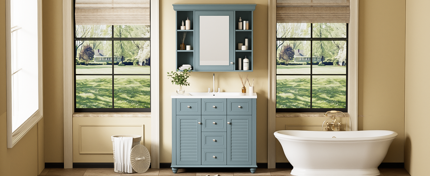 Armoire à miroir moderne de 36 pouces avec étagères réglables, 2 portes à fermeture douce et 6 organisateurs de portes d'armoire de rangement à tiroirs