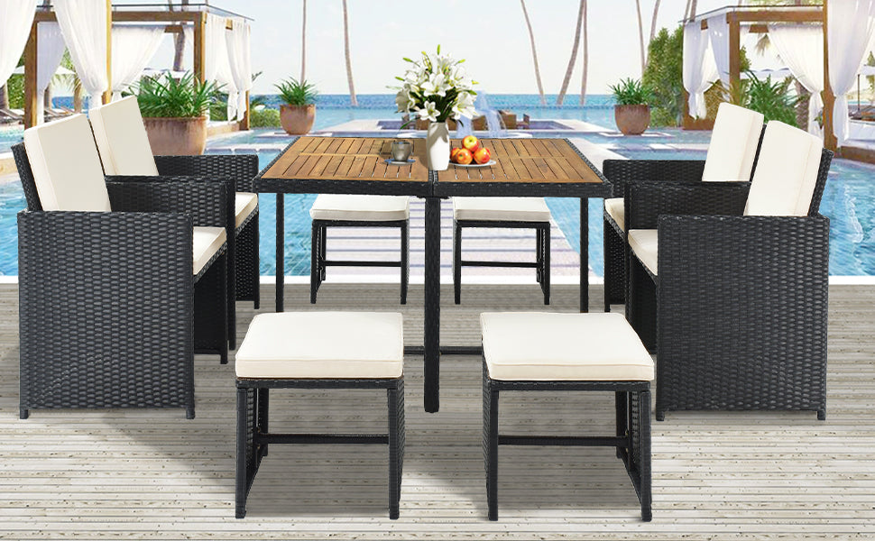 Ensemble de salle à manger TOPMAX Patio en osier PE toutes saisons avec plateau en bois pour 8 personnes, rotin noir et coussin beige (9 pièces)