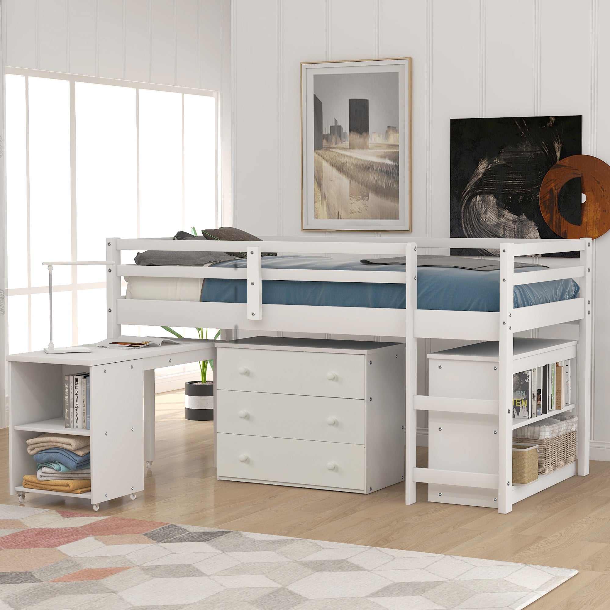 Lit mezzanine simple avec armoire et bureau roulant portable - Blanc (ANCIEN SKU : LP000113AAK)