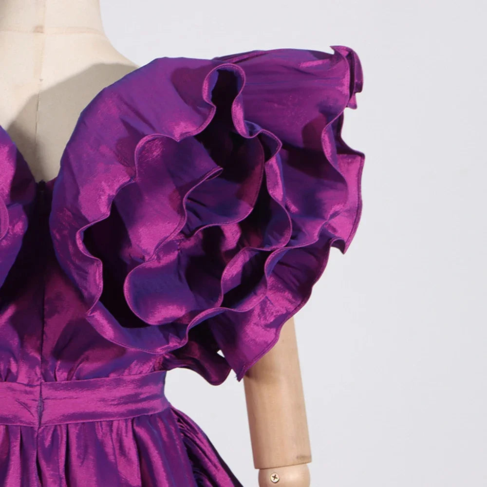 Nouvelle robe d'été en satin violet à volants et col en V pour femme, tenue de soirée élégante et sexy