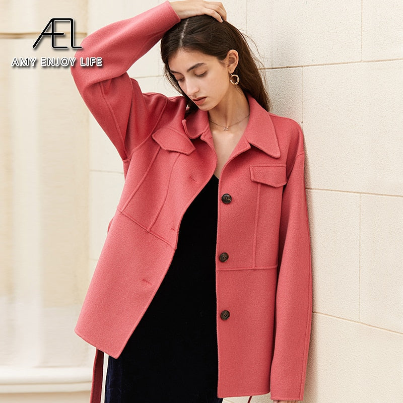 Manteau 100 % laine avec ceinture, veste printemps-automne pour femme, couleur unie avec écharpe, chaud, mode streetwear