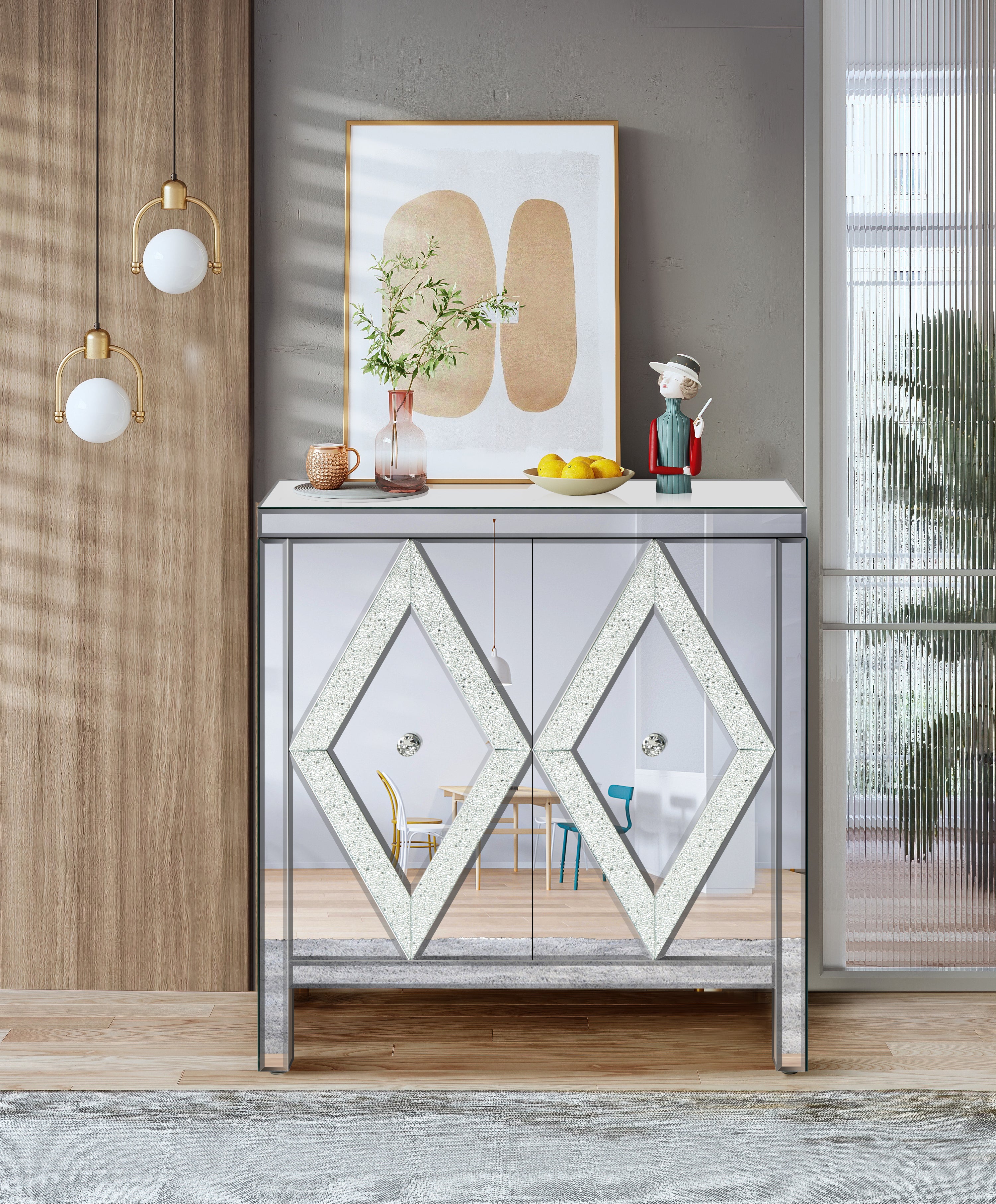 Meuble de rangement avec garniture en miroir et design en forme de losange pour salon, salle à manger, entrée et cuisine