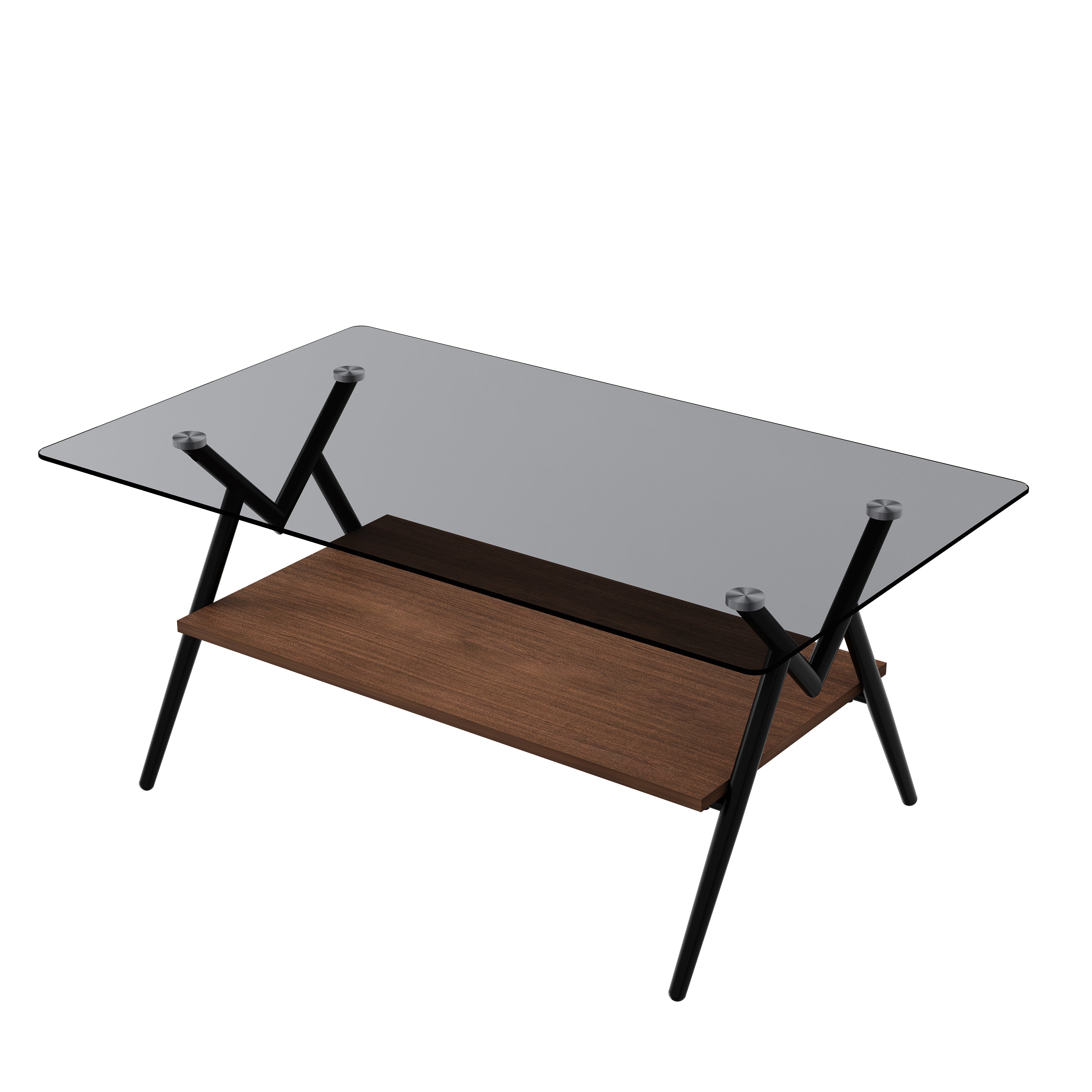 Table basse rectangulaire avec plateau en verre trempé et étagère en MDF marron, table moderne pour salon, verre gris