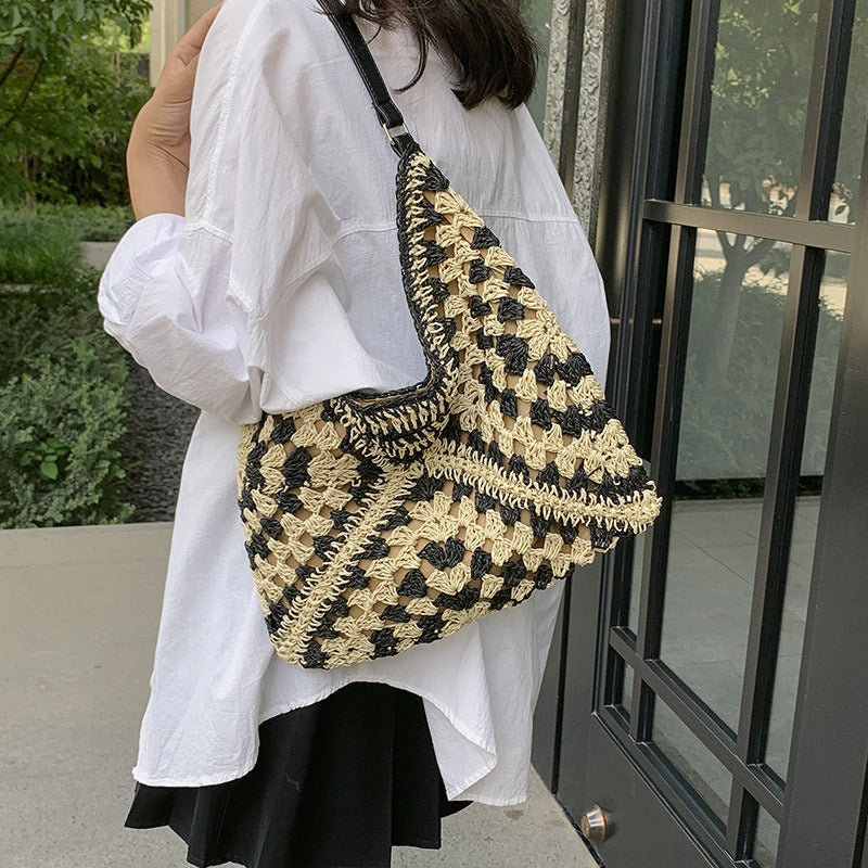 Sac tissé de grande capacité, nouveau sac à bandoulière simple en herbe tissé à la mode pour femmes