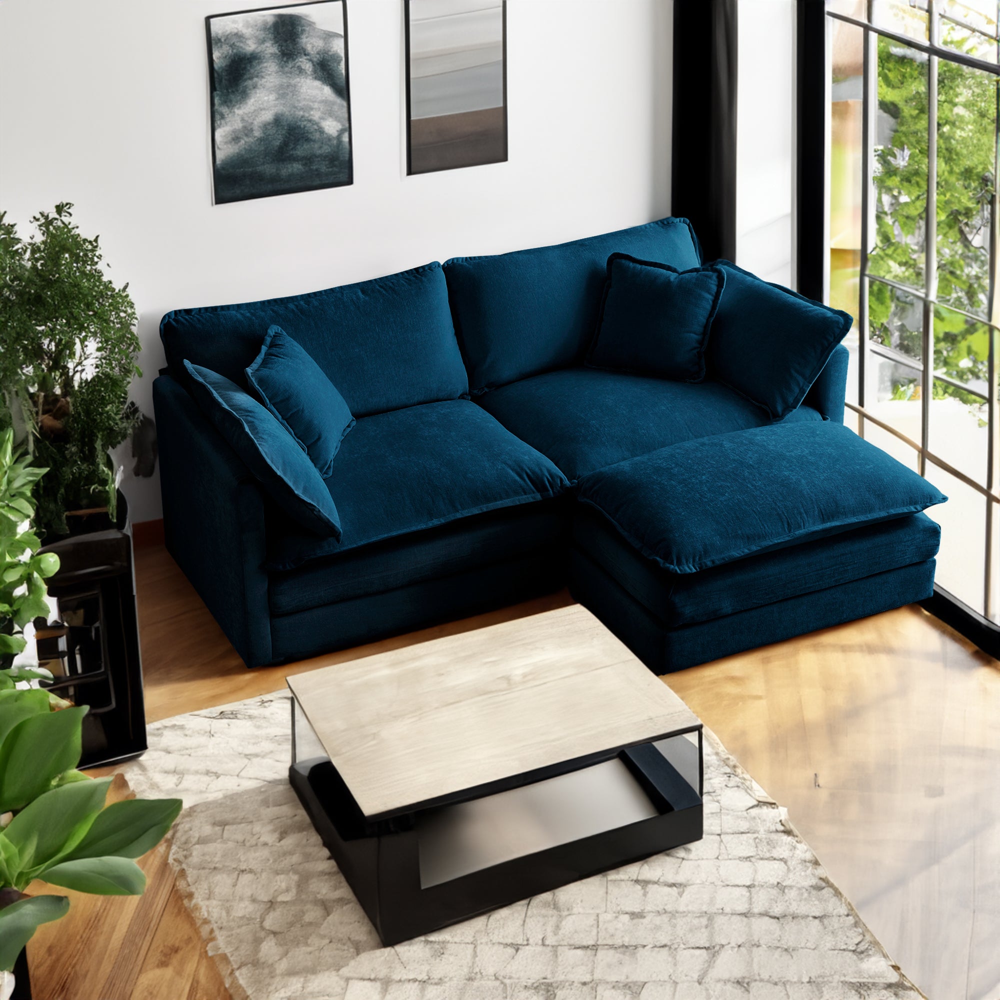 Canapé double en chenille avec 1 pédale, 2 places section en L, style ottoman bleu Chenille