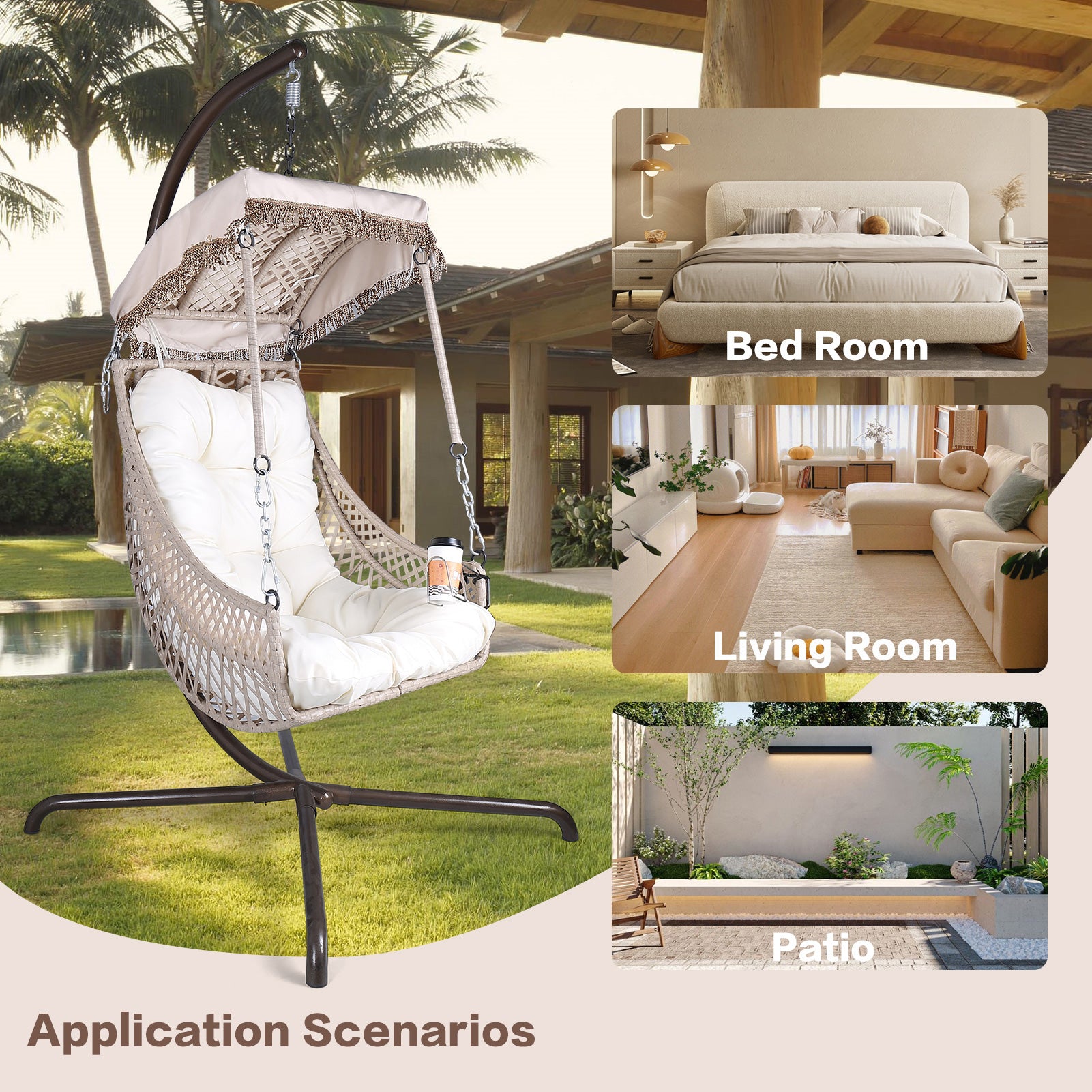 Chaise pivotante avec support, cadre en rotin et osier, capacité de 158 kg, pour patio, chambre à coucher, avec pare-soleil